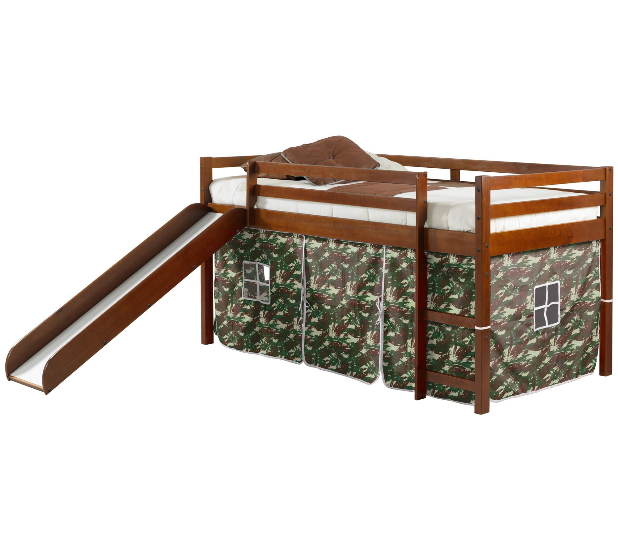 Donco Kids Twin Low Loft Bed w/ Slide and PrintTent Kit