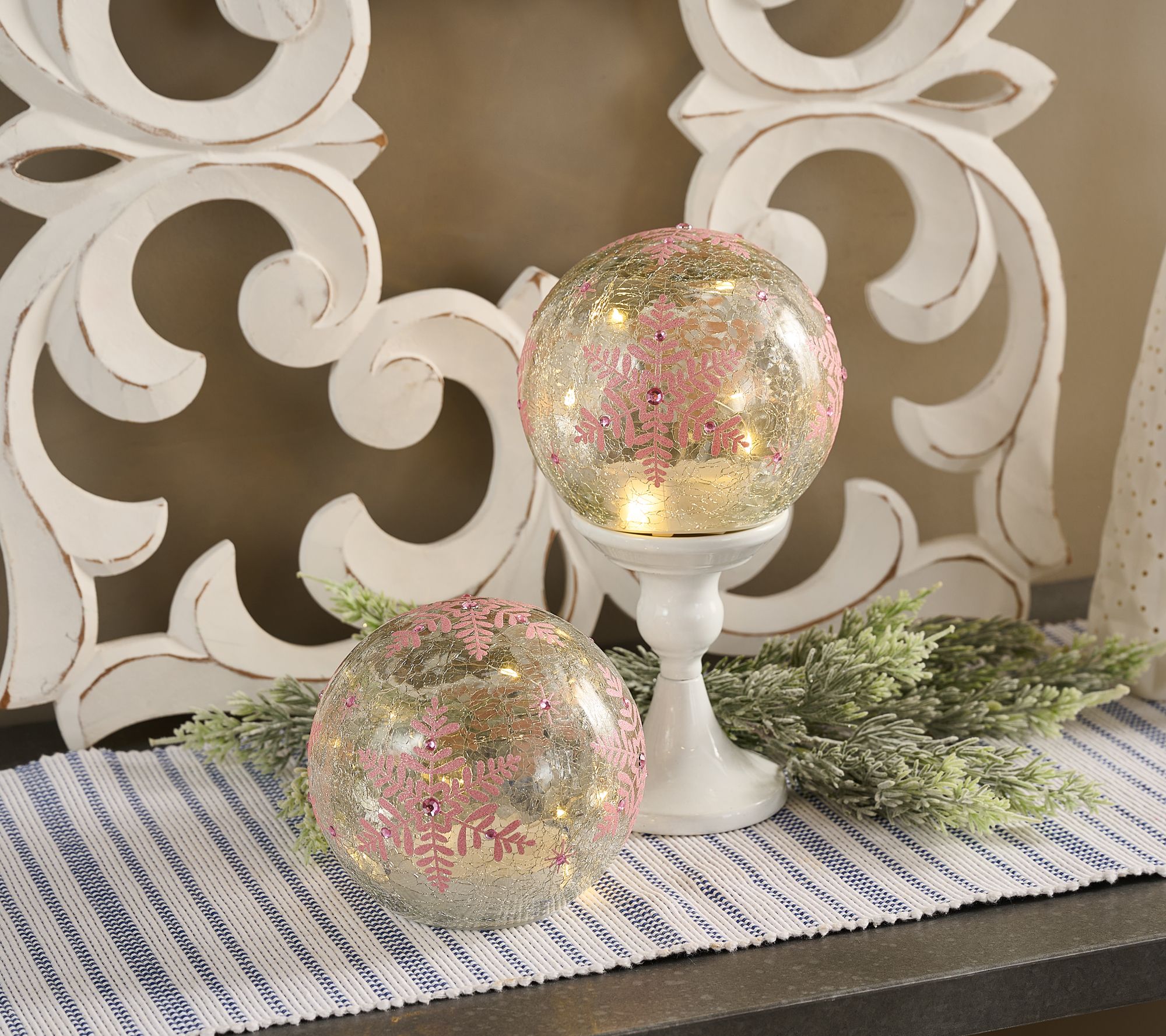 Set of 2 6" Lit Crackle Glass Spheres with Snowflake by Valerie