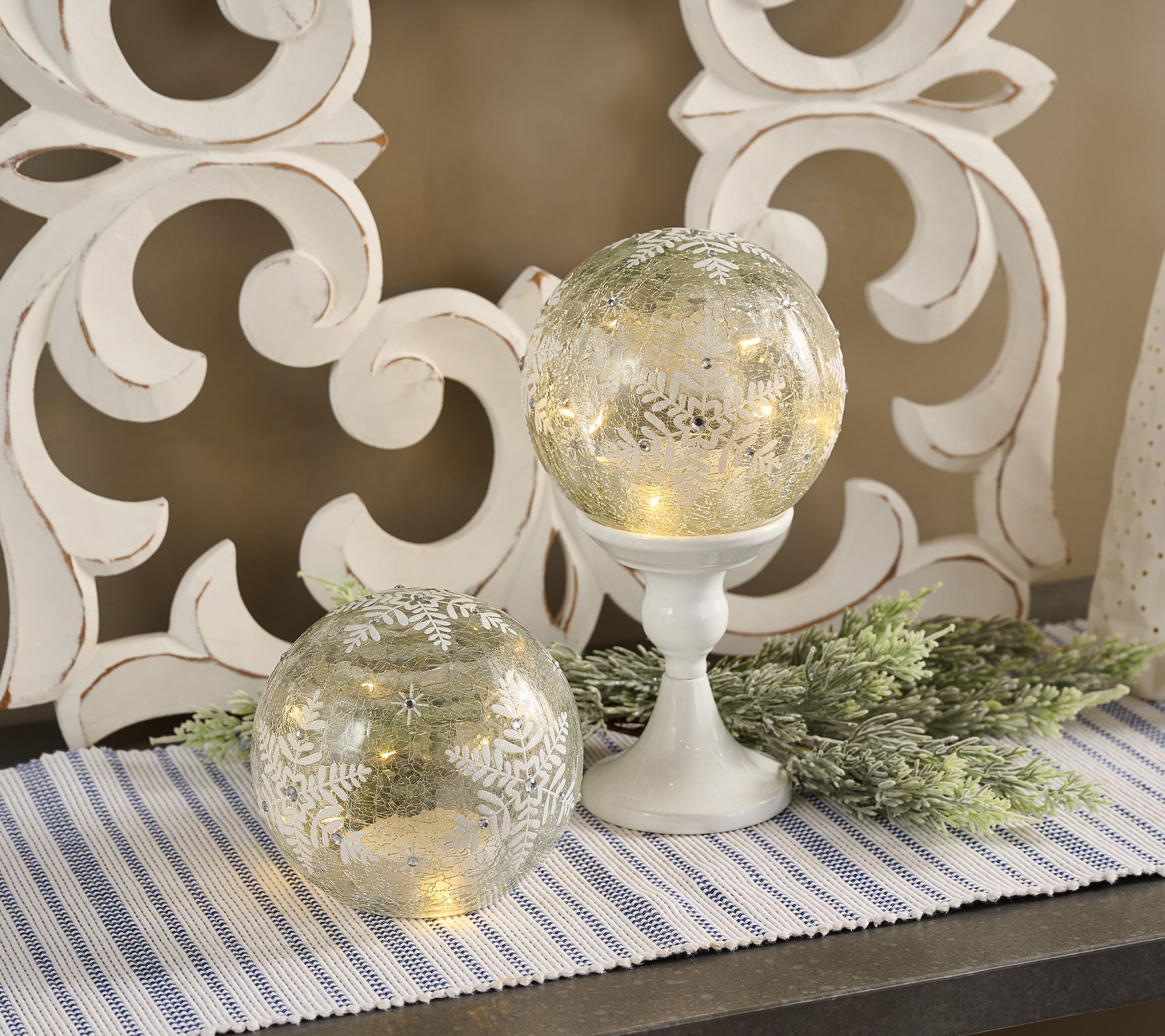 Set of 2 6" Lit Crackle Glass Spheres with Snowflake by Valerie
