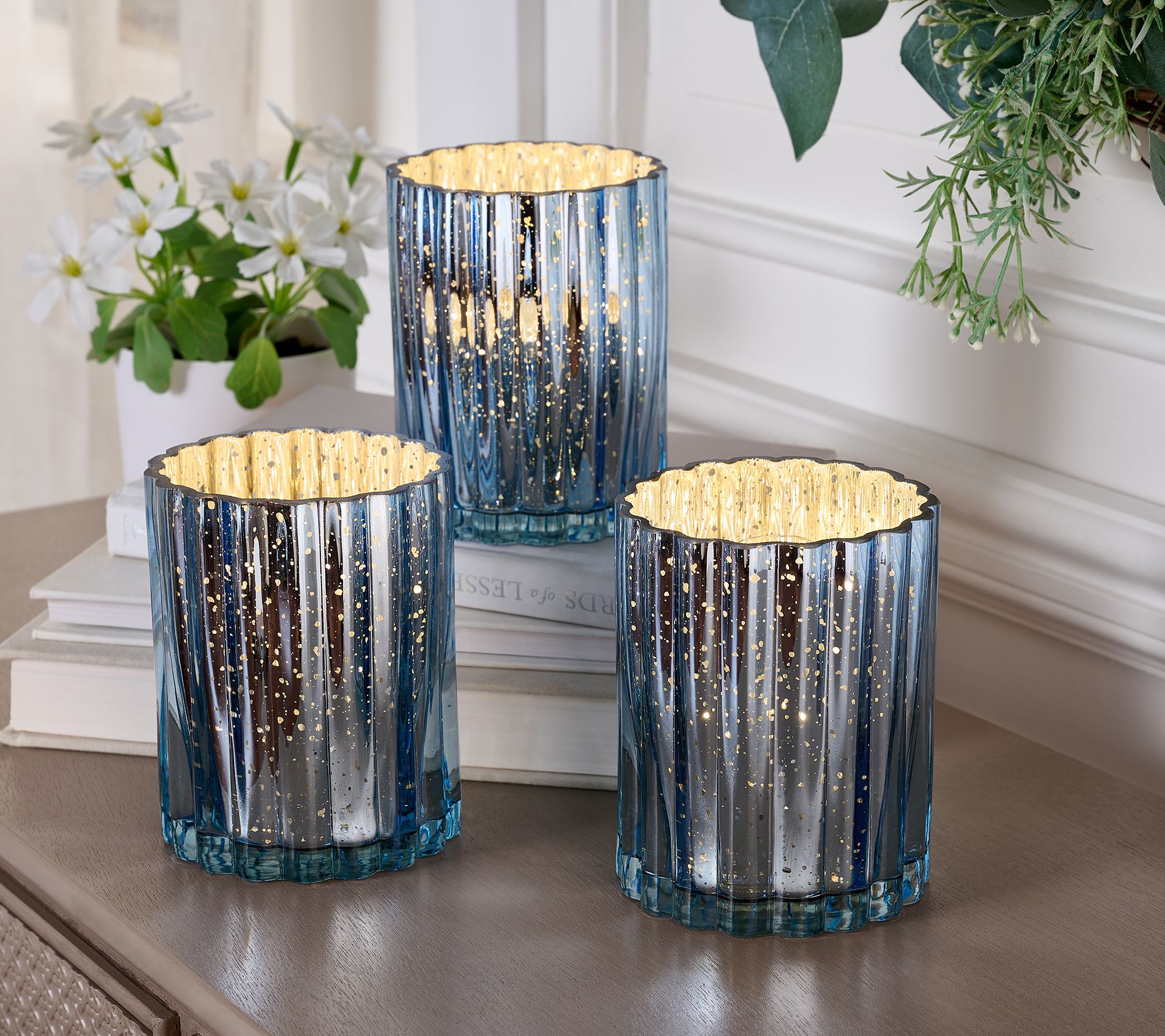 Set of 3 Lit Fluted Mini Glass Hurricanes by Valerie