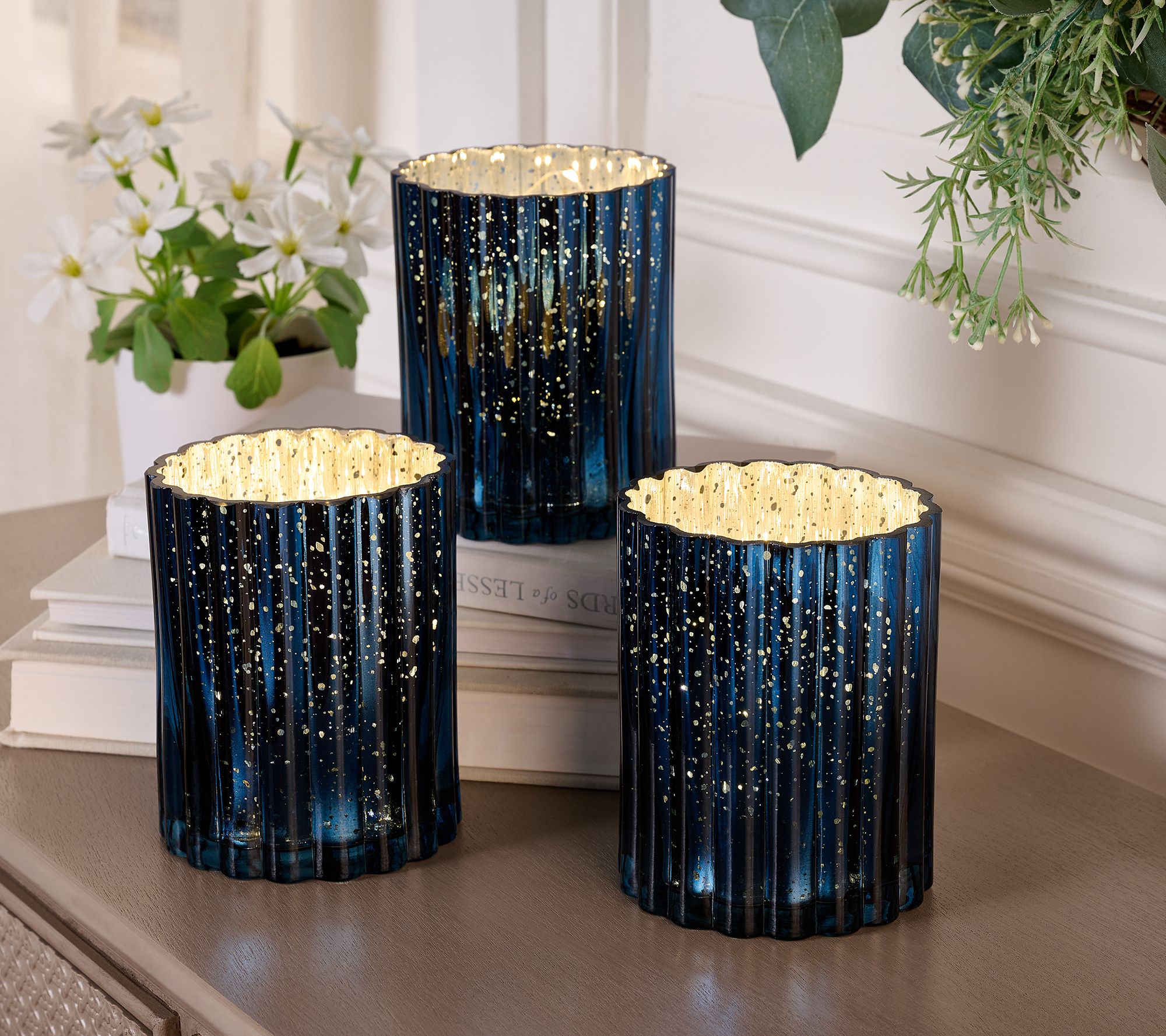 Set of 3 Lit Fluted Mini Glass Hurricanes by Valerie