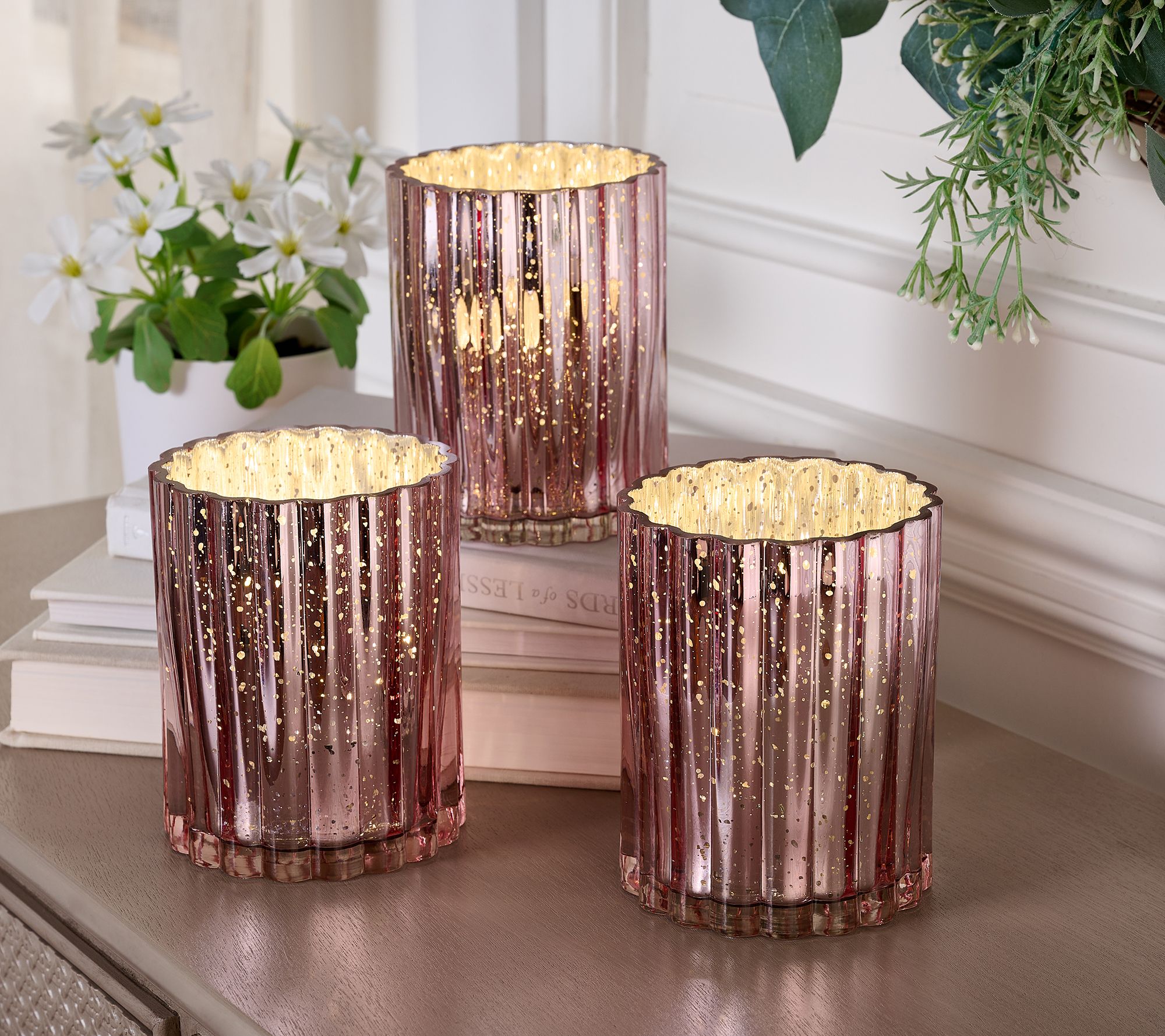 Set of 3 Lit Fluted Mini Glass Hurricanes by Valerie