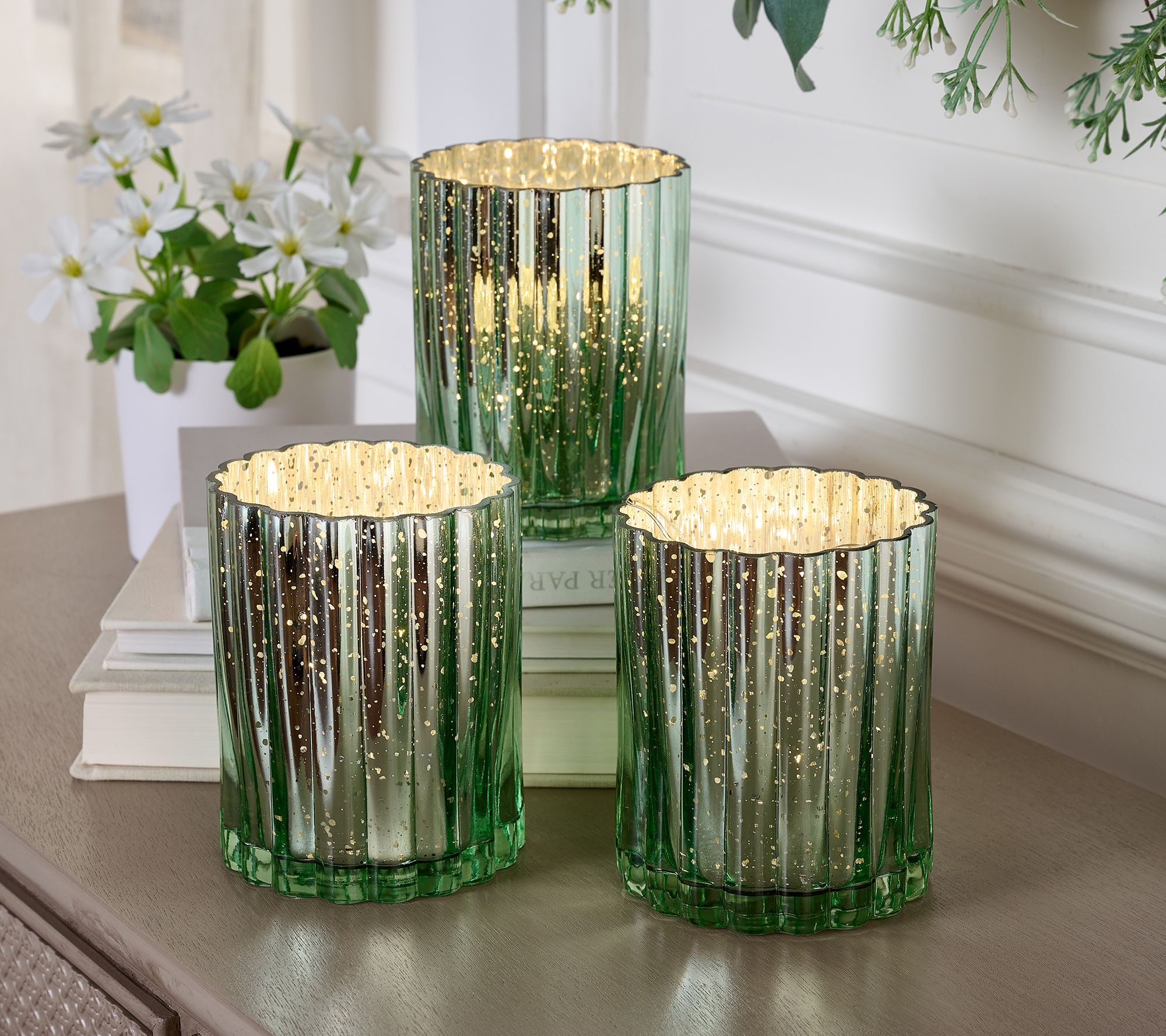 Set of 3 Lit Fluted Mini Glass Hurricanes by Valerie