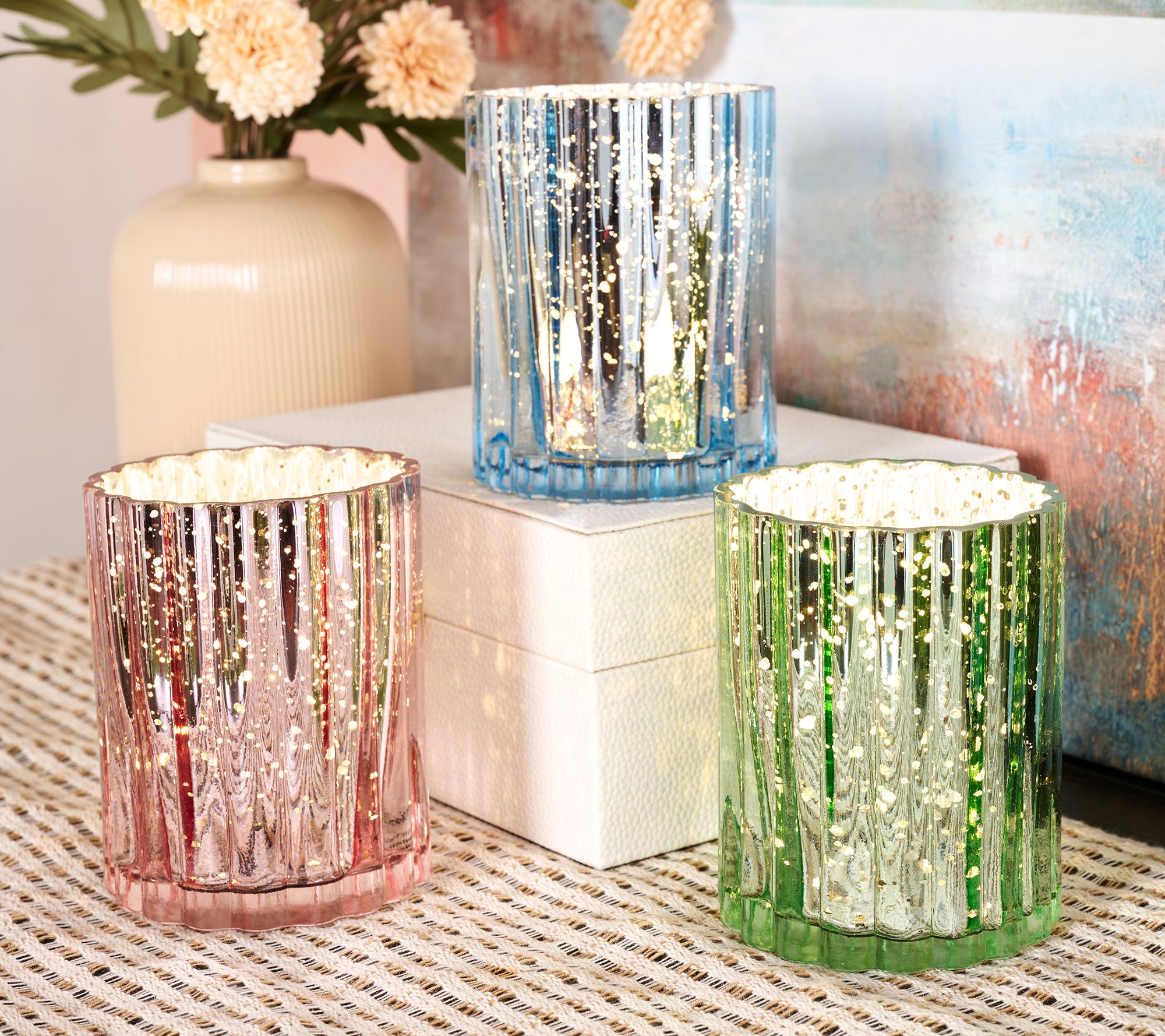 Set of 3 Lit Fluted Mini Glass Hurricanes by Valerie