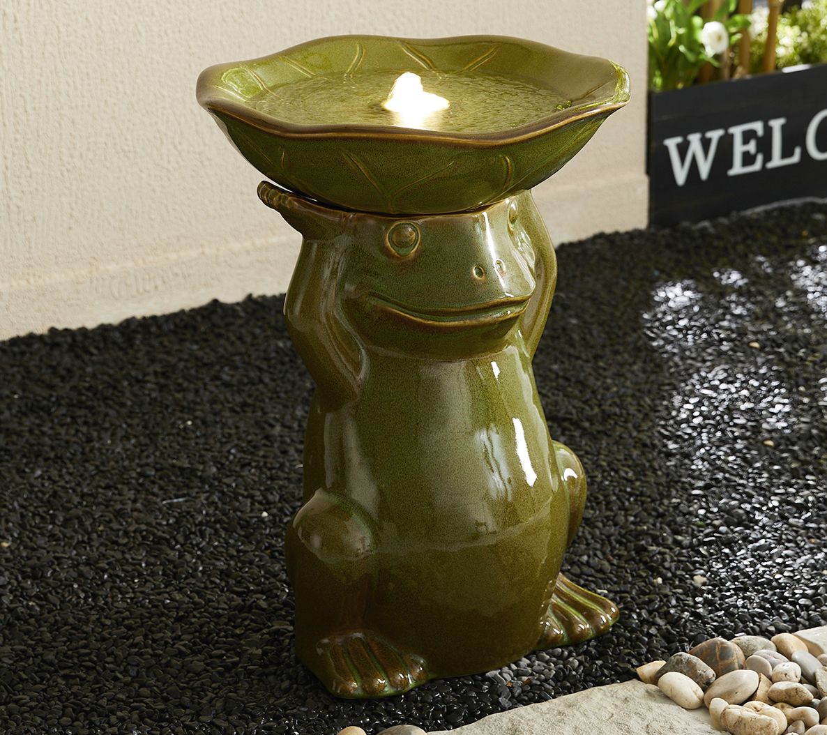 Glitzhome 22" Frog Holding Lotus Birdbath Ceramic Fountain