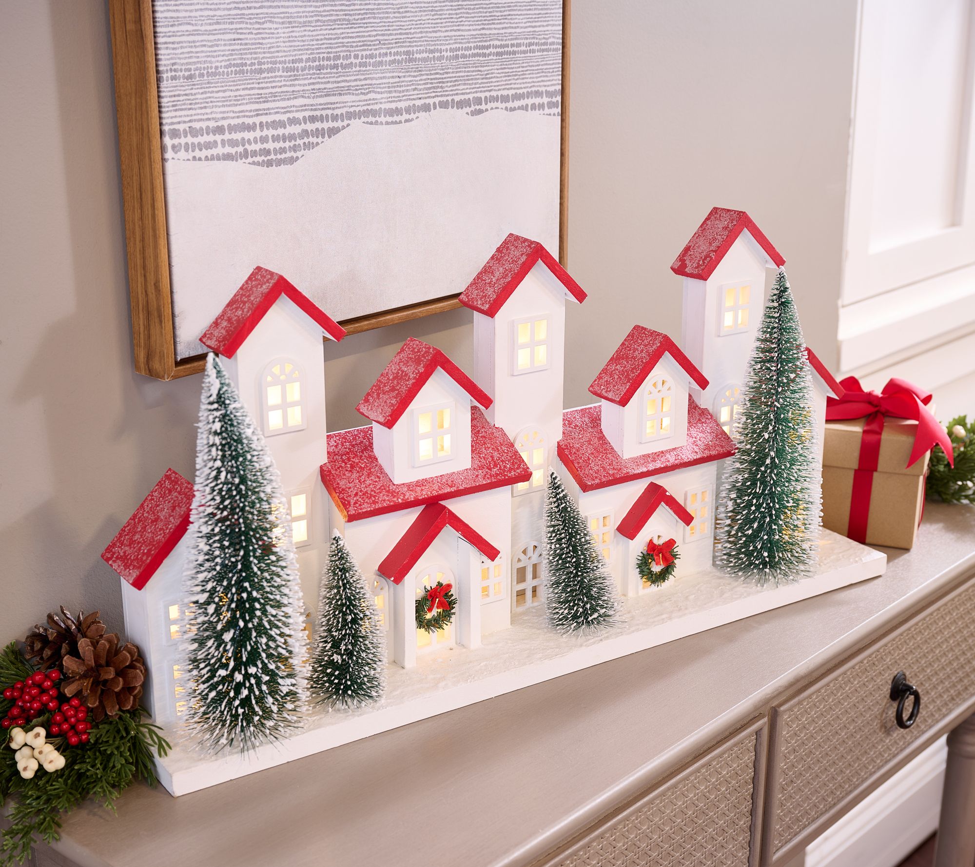 Illuminated Wood Village with Trees by Valerie