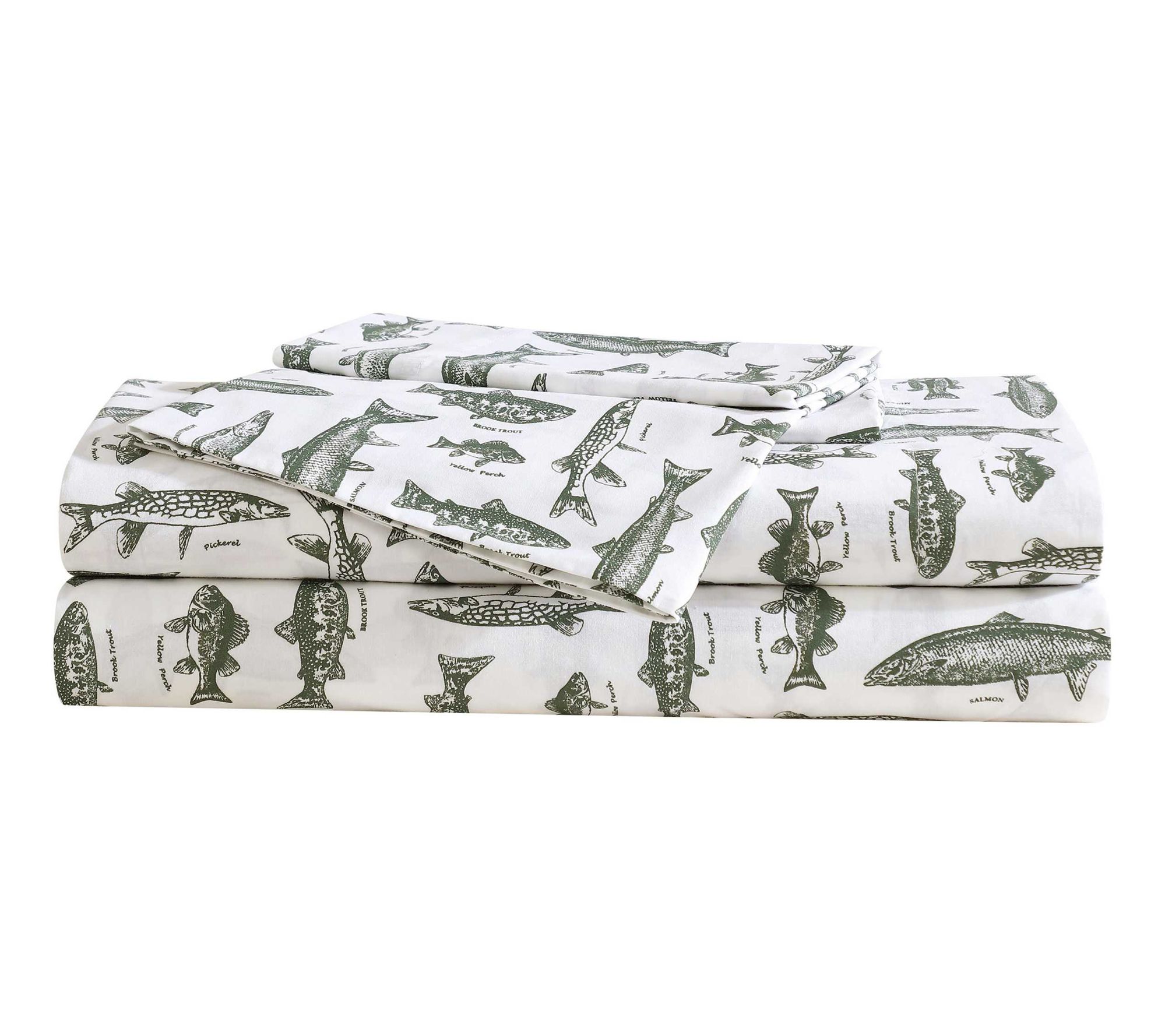 Eddie Bauer Wes Fish Face White-Green Queen Sheet Set