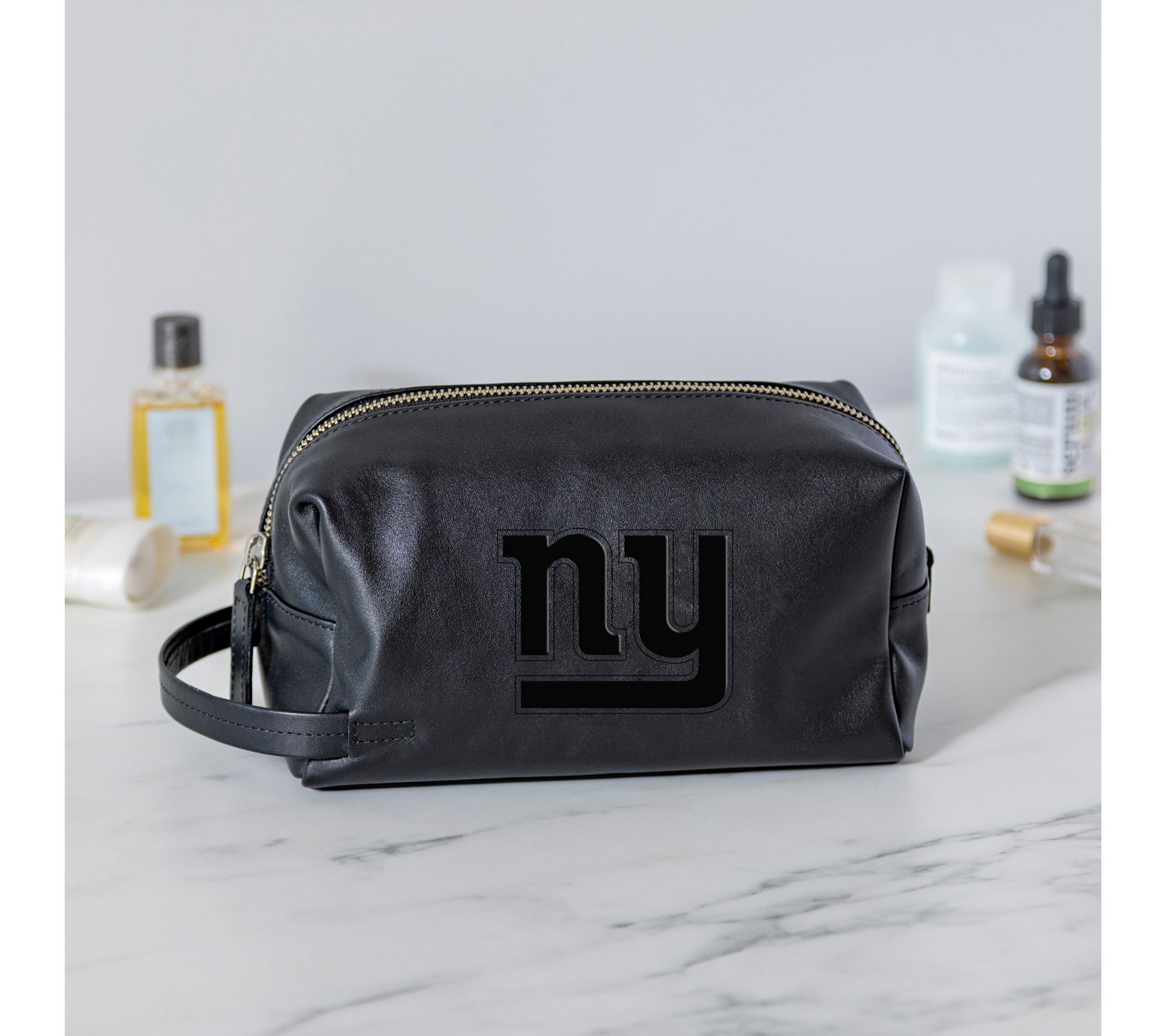 Evergreen Black Leather Toiletry Bag w/NFL TeamEmbossed Logo