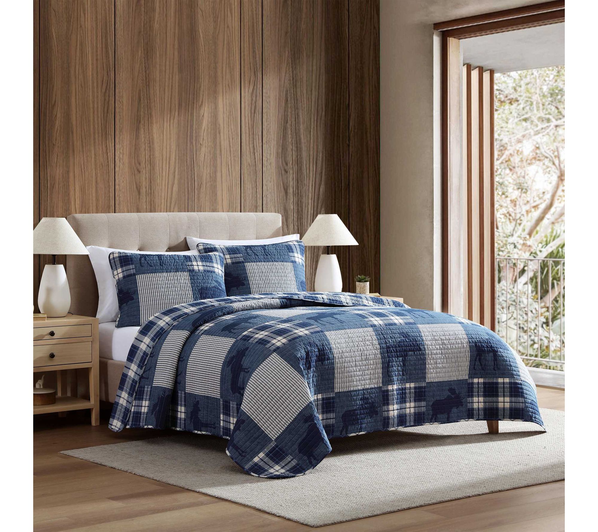 Eddie Bauer Moose Plaid Patchwork Blue Cotton King Quilt Set