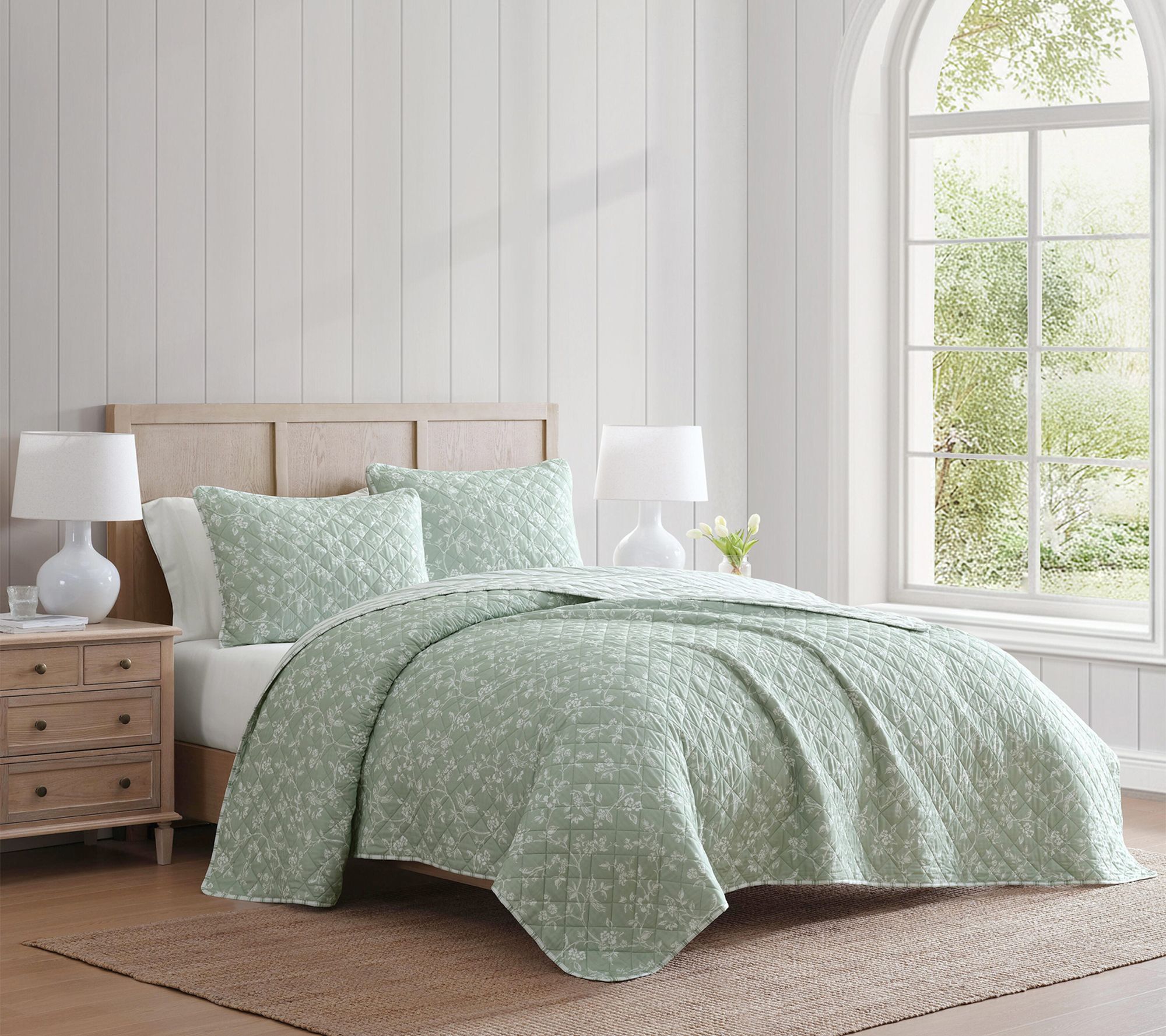 Martha Stewart French Bird Floral Green CottonTwin Quilt Set