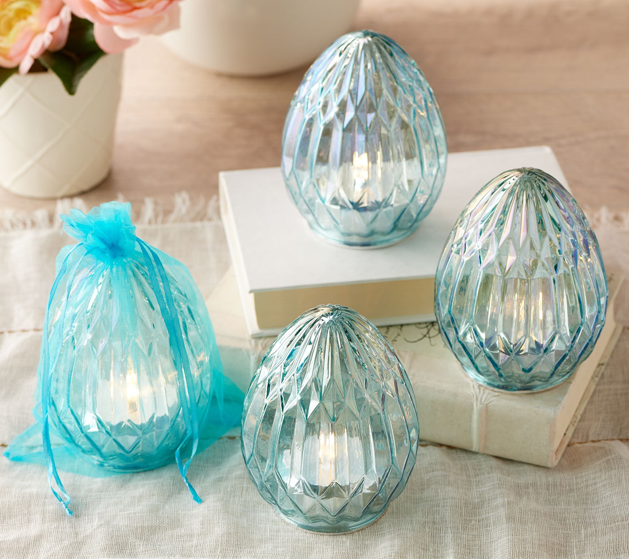 "As Is" Set of 4 Illuminated Faceted Glass Eggs with Sheer Bags by