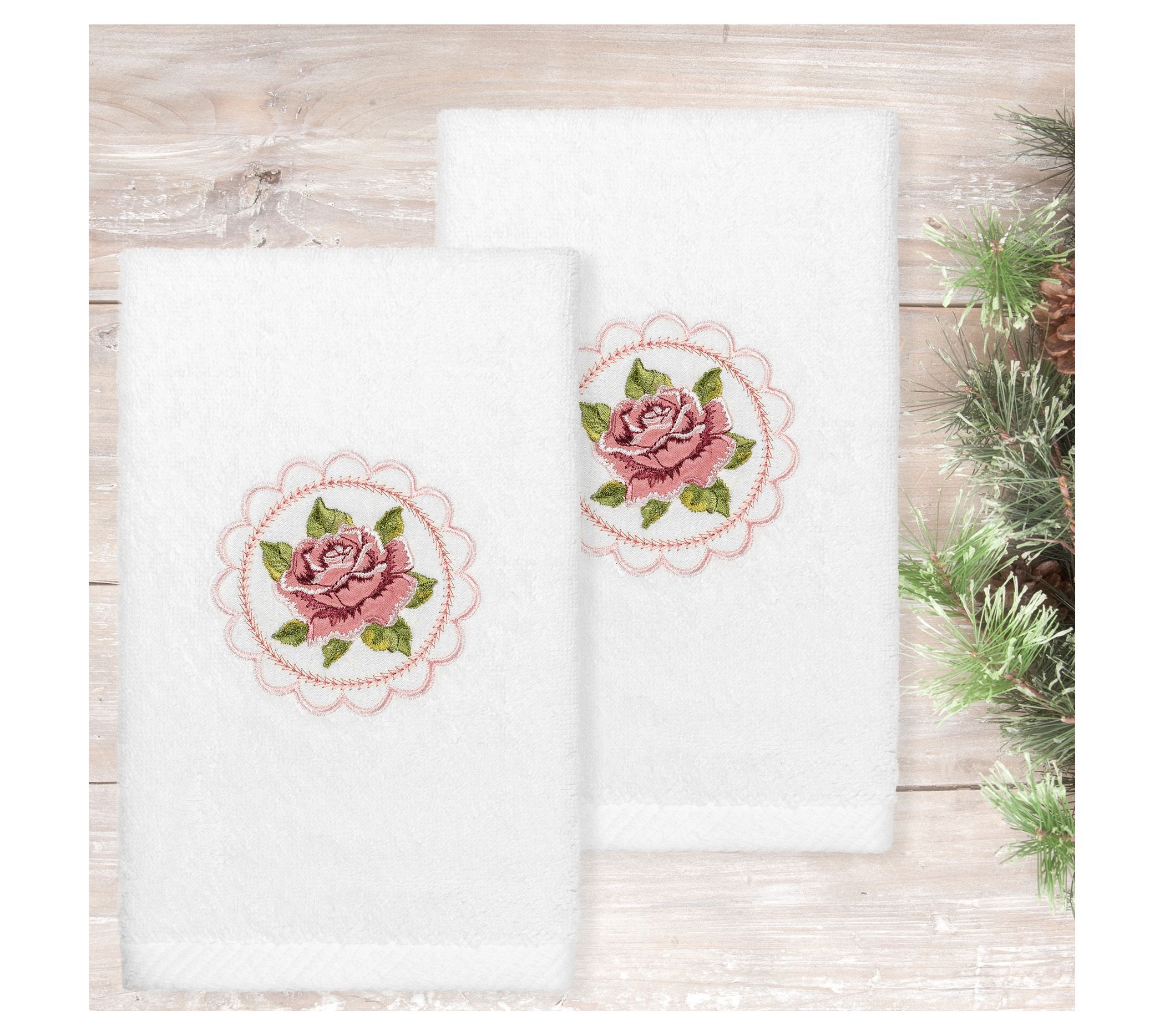 Home Reflections Set of 4 Coastal Embroidered Hand Towel Set ,Pink