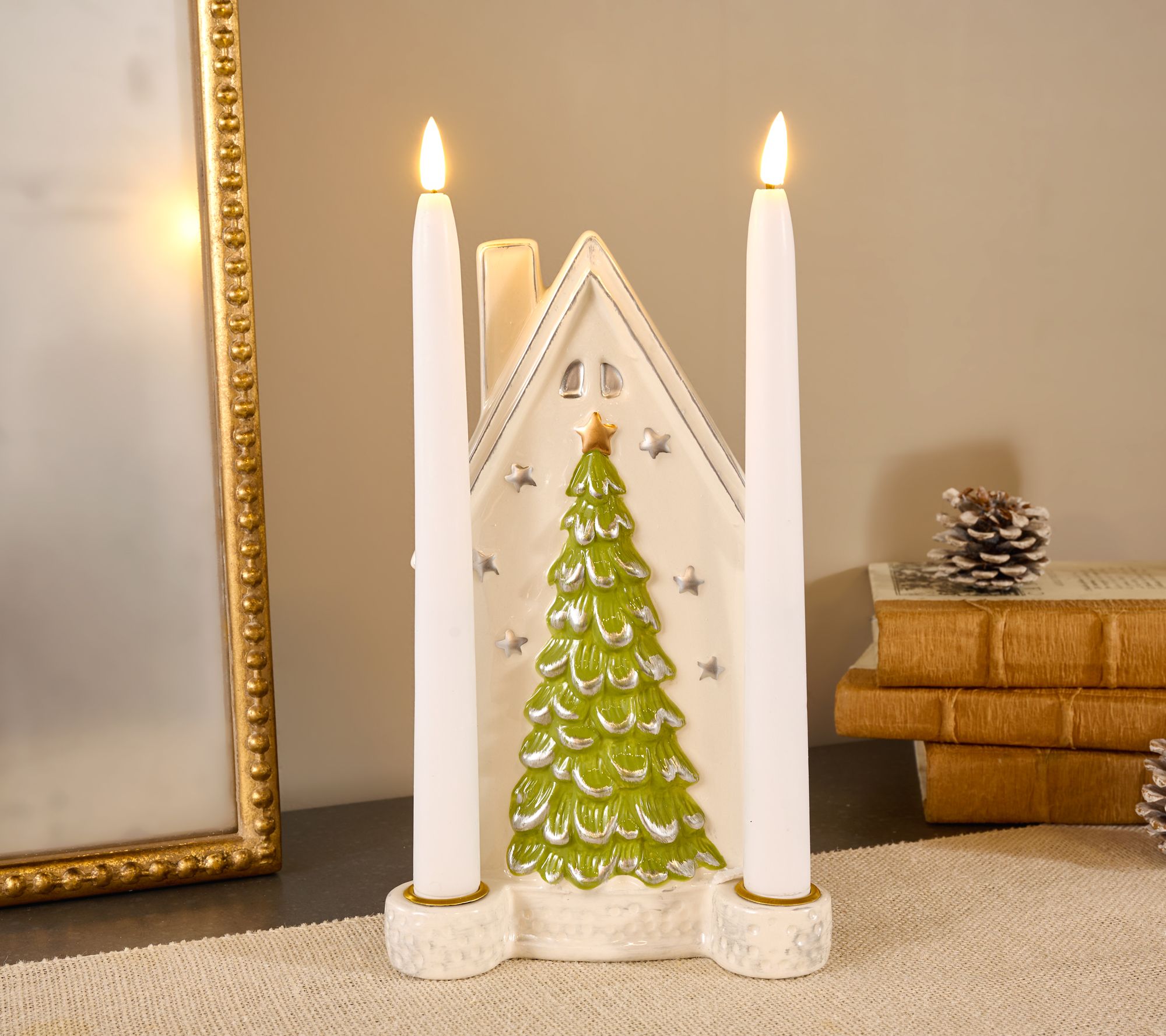 Lightscapes Ceramic Holiday Scene with 2 Flameless Taper Candles