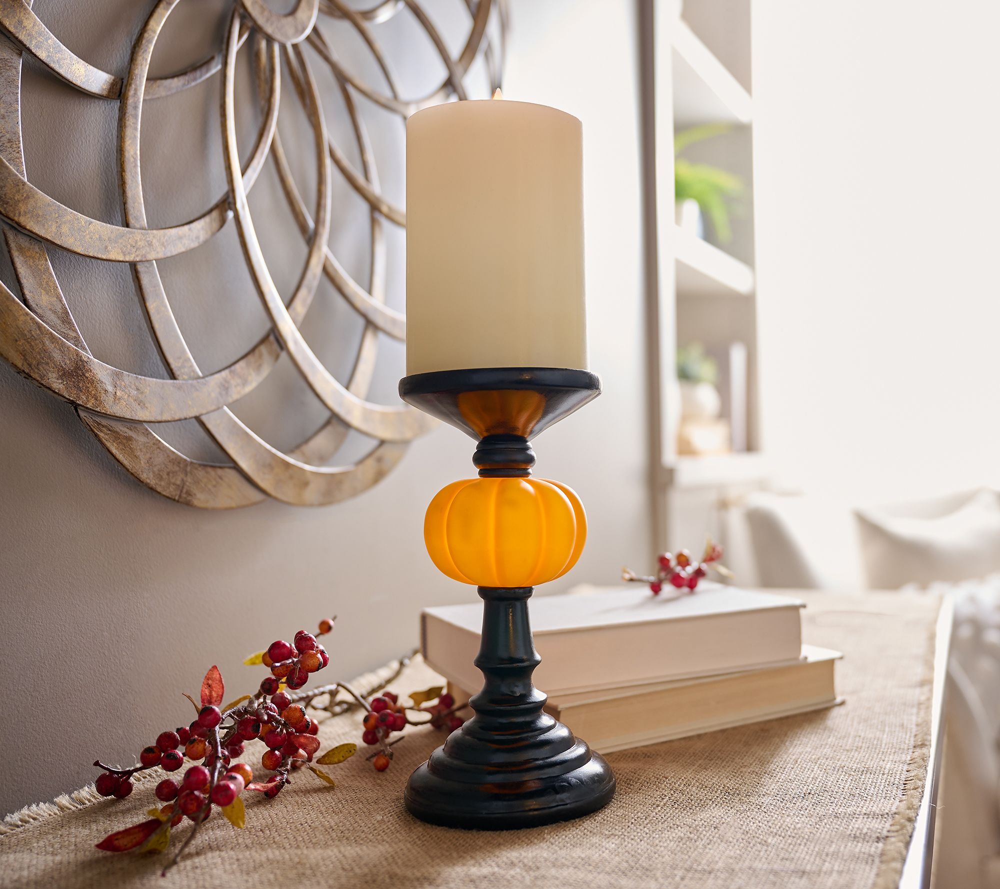 9.5" Lit Pumpkin Pedestal Candle Holder by Valerie