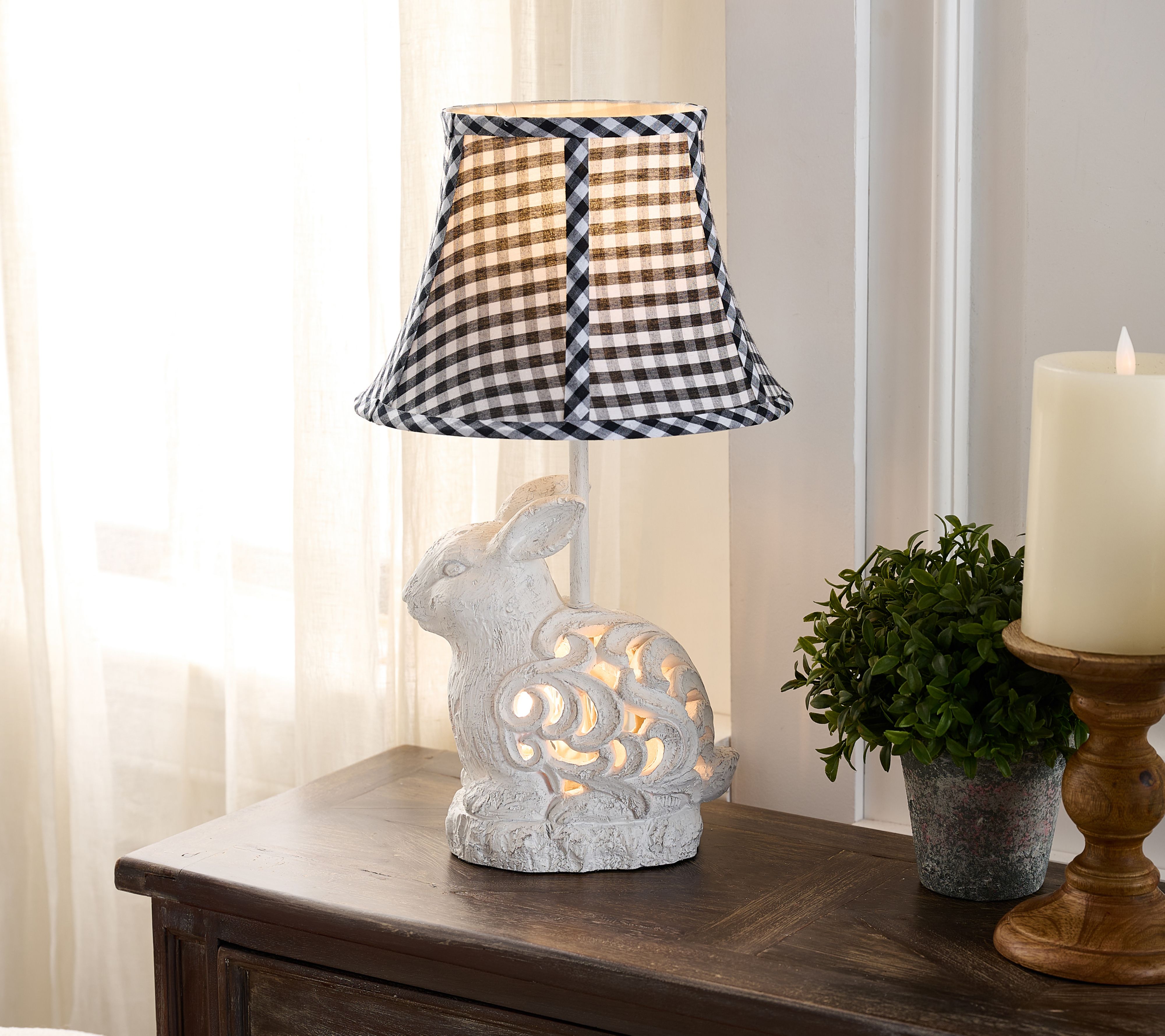 Carved Bunny Lamp with Checked Shade by Valerie