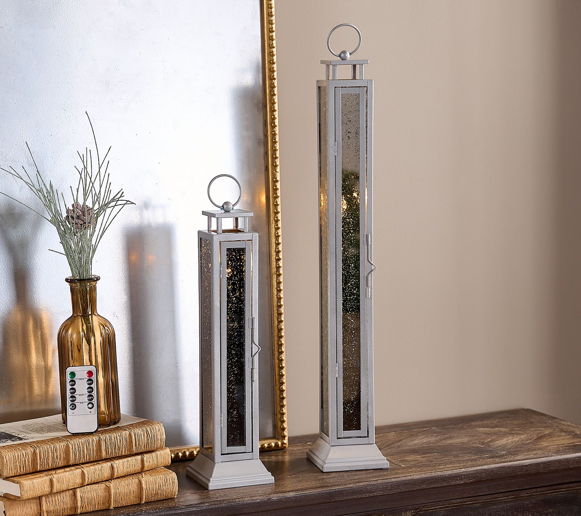 "As Is" Home Reflections Flameless S/2 Mercury Glass Taper Lanterns