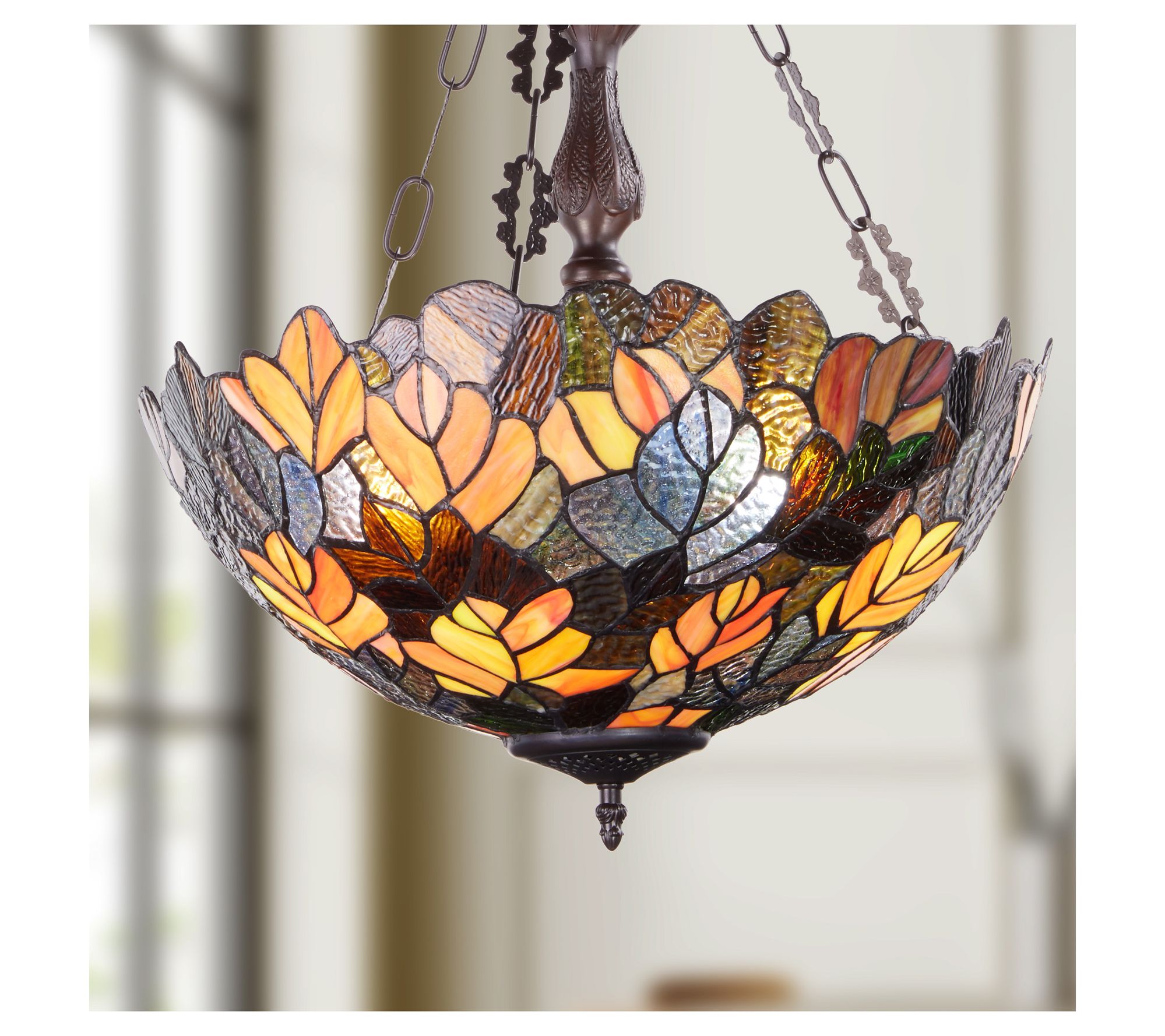 River of Goods 18"W Maple Victorian Stained Glass Bowl Pendant