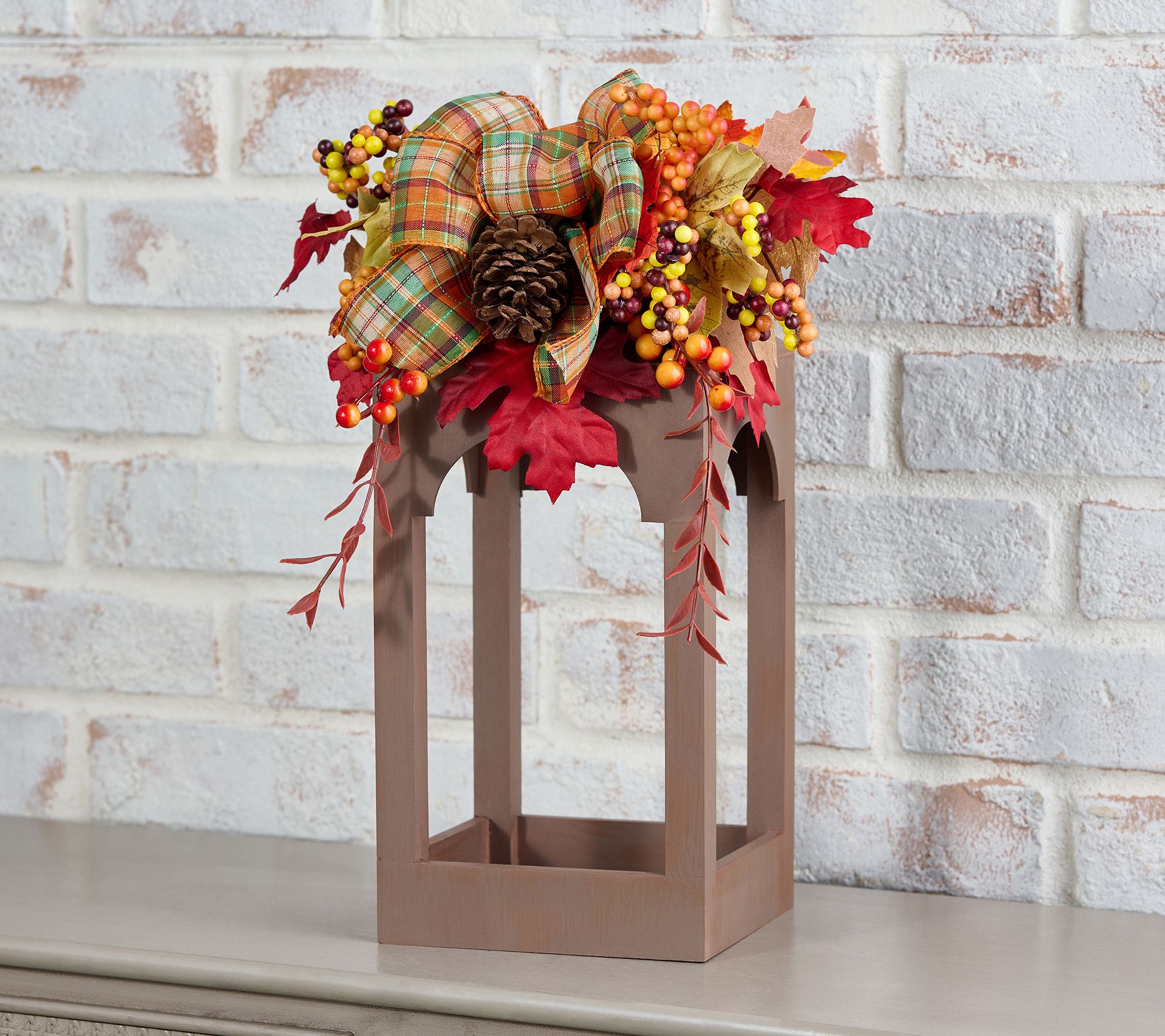 "As Is" 16" Wood Open Concept Lantern with Ribbon Embellishment