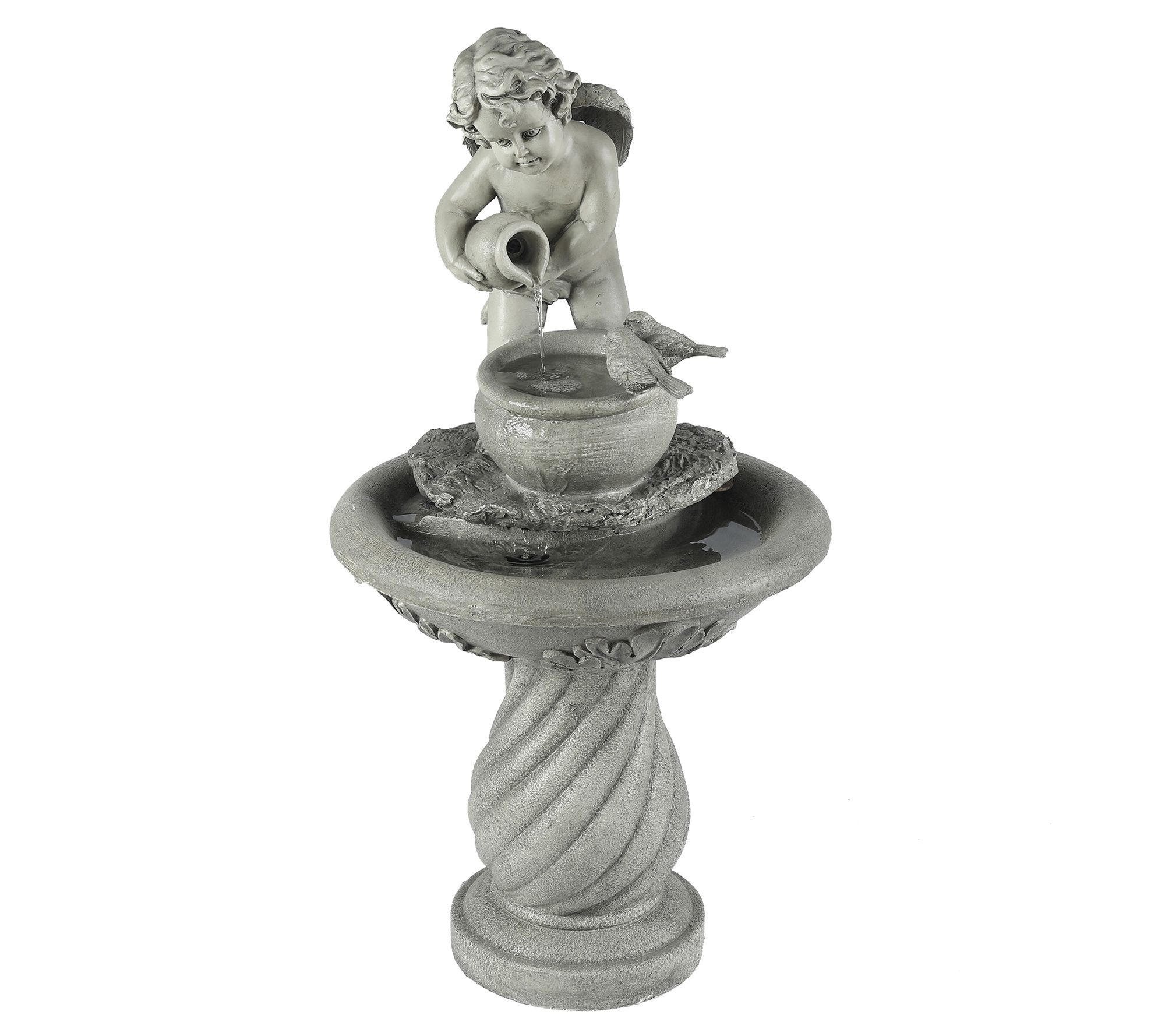 LuxenHome Gray Resin Cherub Birdbath Fountain