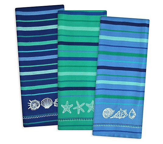 Design Imports Set of 3 Blue Sea Embroidered Kitchen Towels