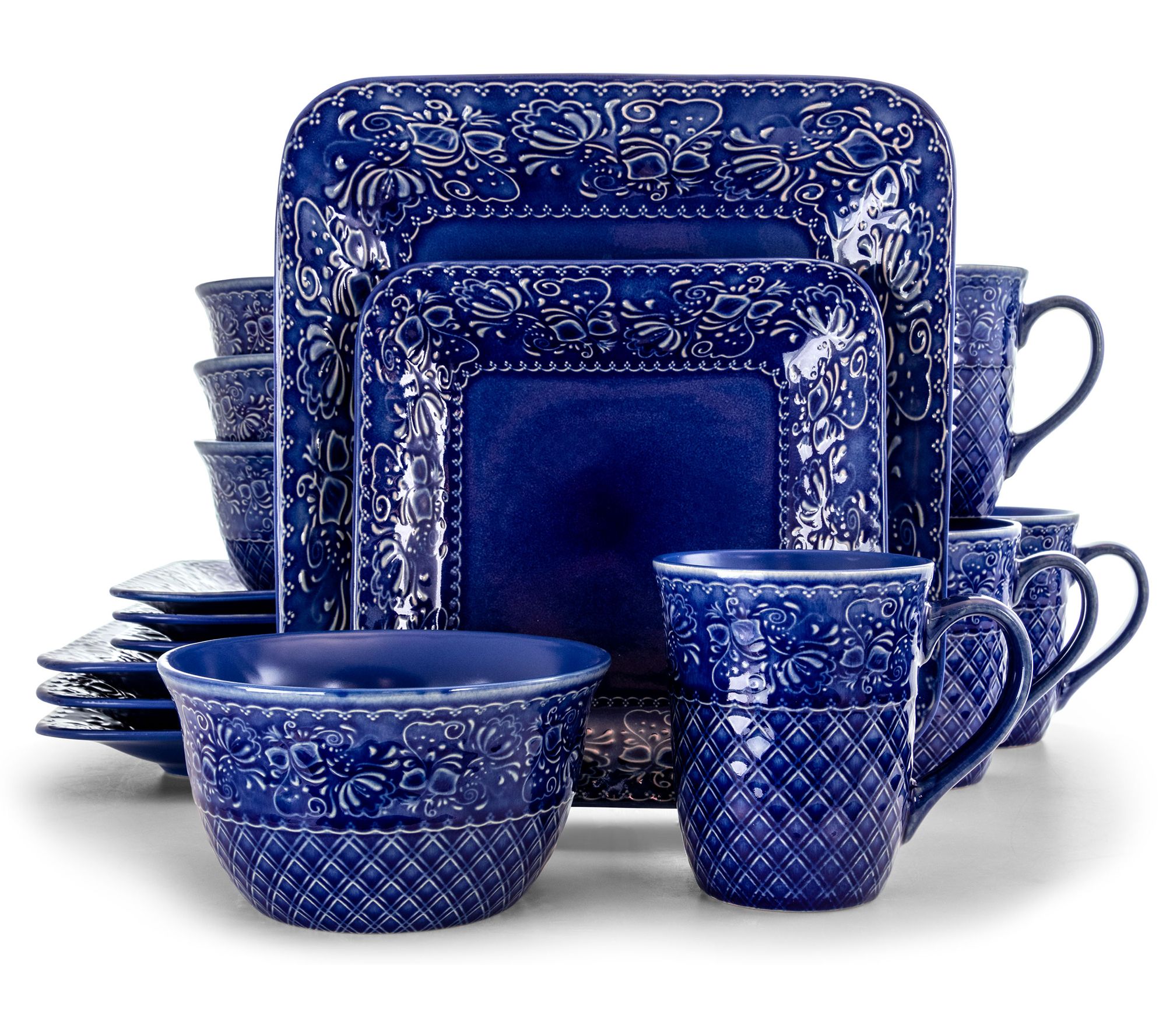 Elama Lotus 16-Pc Square Stoneware Dinnerware Set