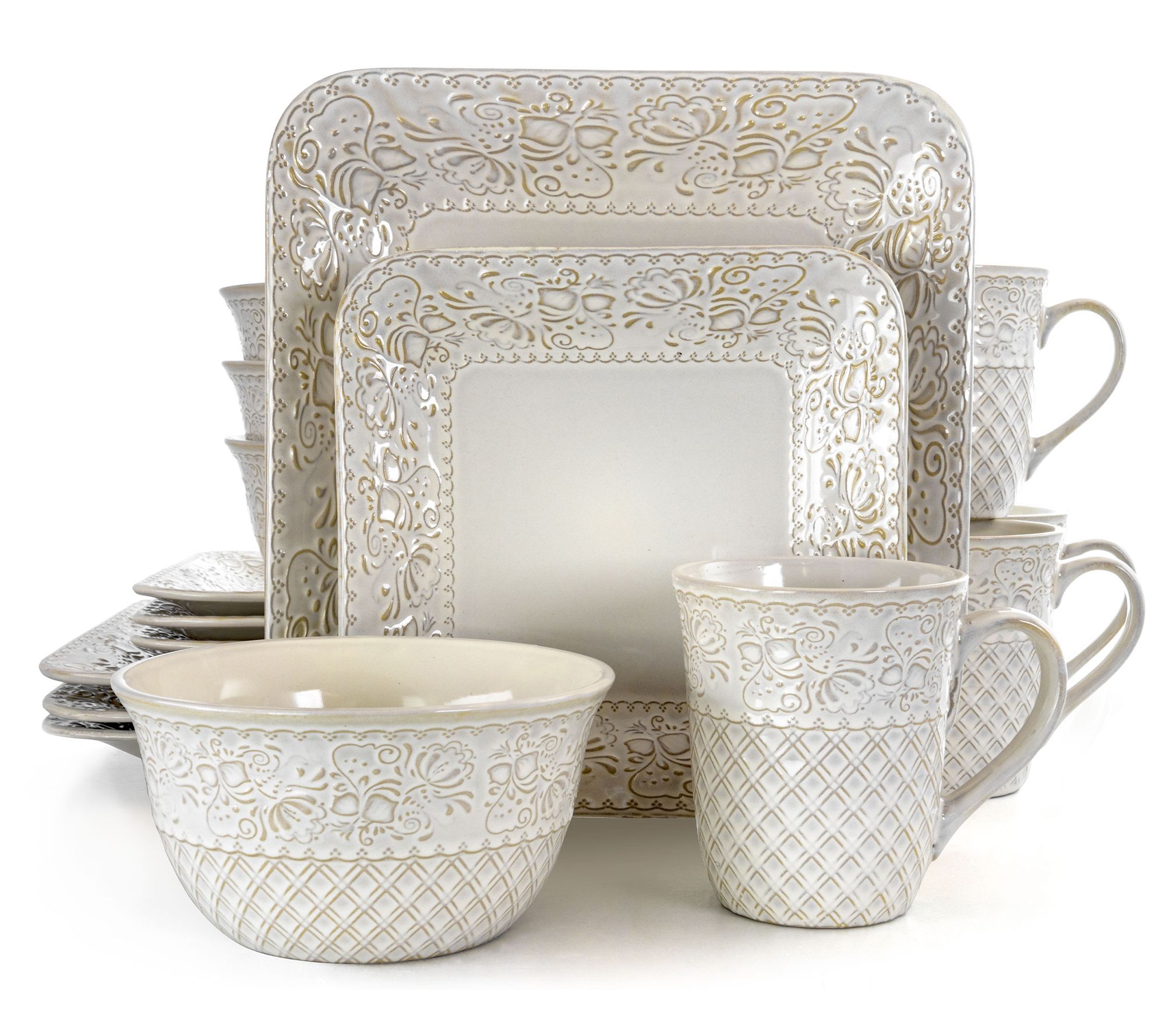 Elama Lotus 16-Pc Square Stoneware Dinnerware Set