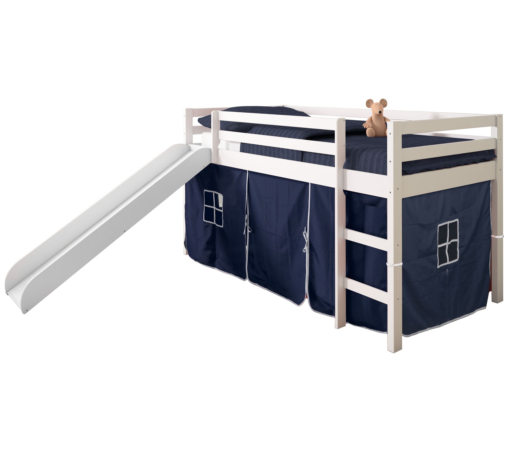 Donco Kids Twin Low Loft White Bed w/ Slide & Solid Tent Kit