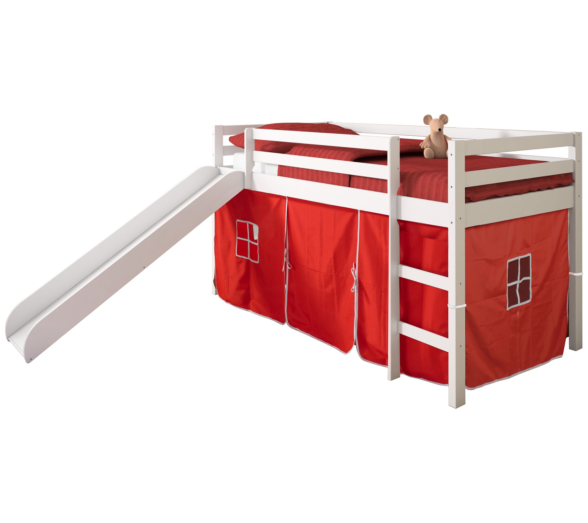 Donco Kids Twin Low Loft White Bed w/ Slide & Solid Tent Kit