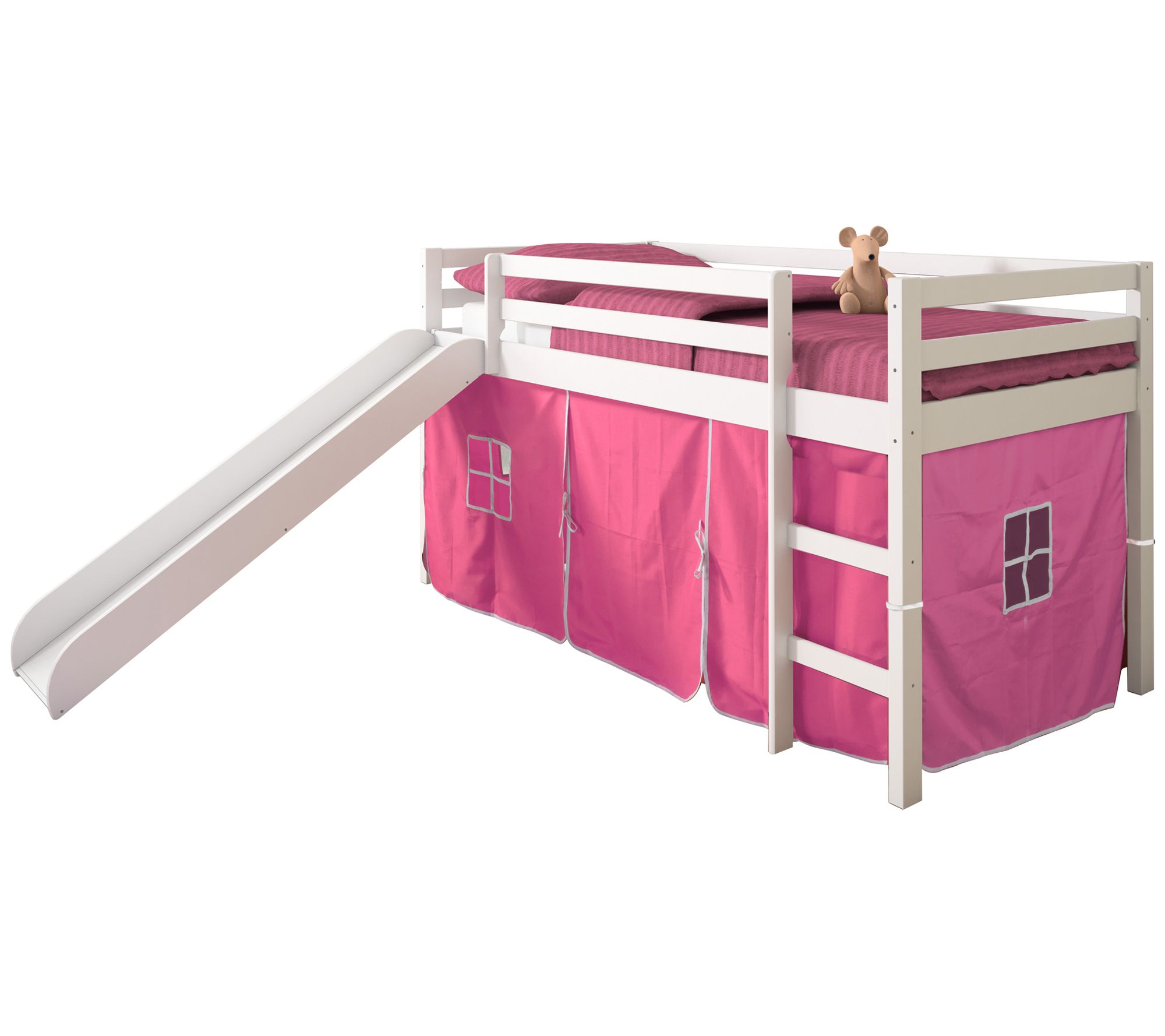 Donco Kids Twin Low Loft White Bed w/ Slide & Solid Tent Kit