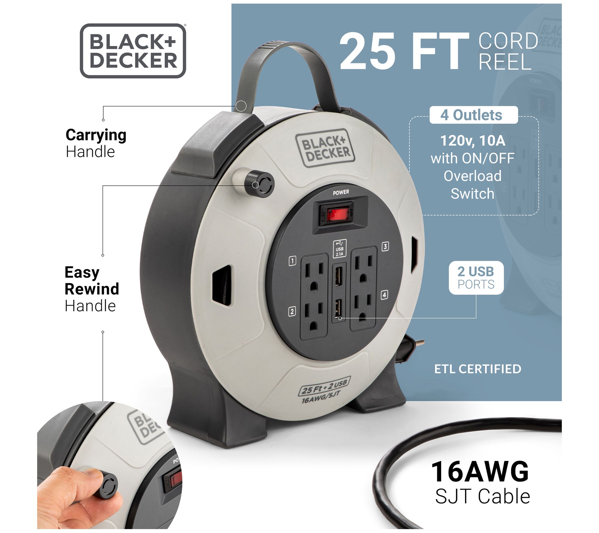 BLACK+DECKER 25' Extension Cord Reel w/4 Outlets and 2 USB 