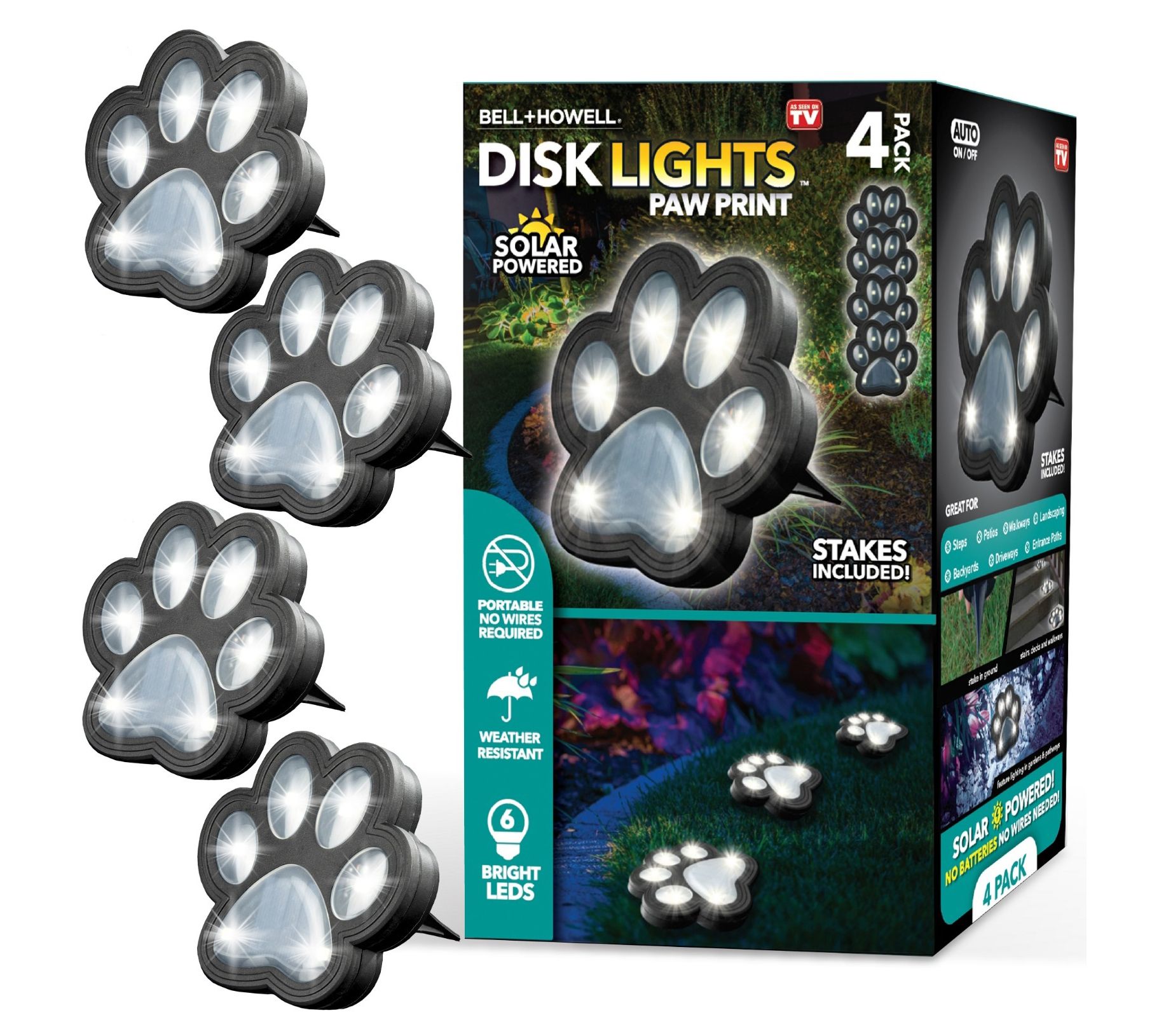 Bell + Howell 6 LED Outdoor Solar Powered Paw Disk Lights 4pk