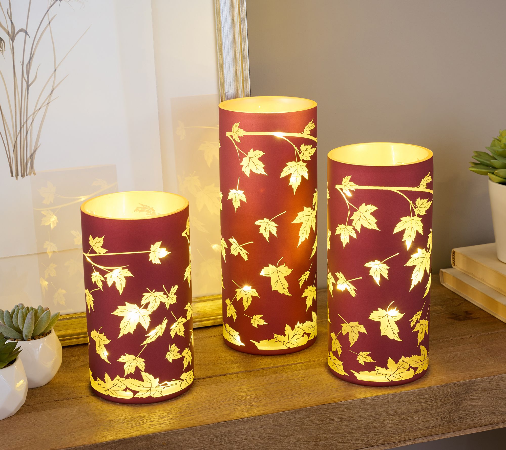 "As Is" Set of 3 Illuminated Falling Leaves Hurricanes by Valerie