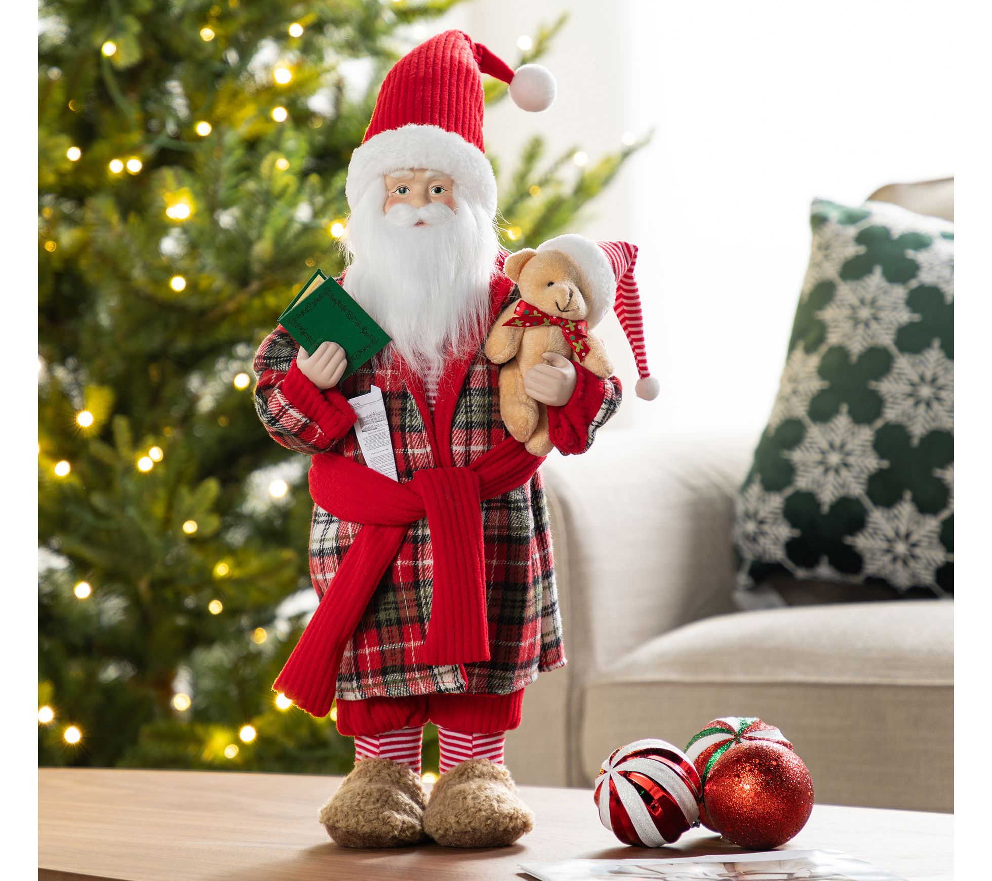 Glitzhome 18"H Faux Fur Christmas Bathrobe Santa Figurine