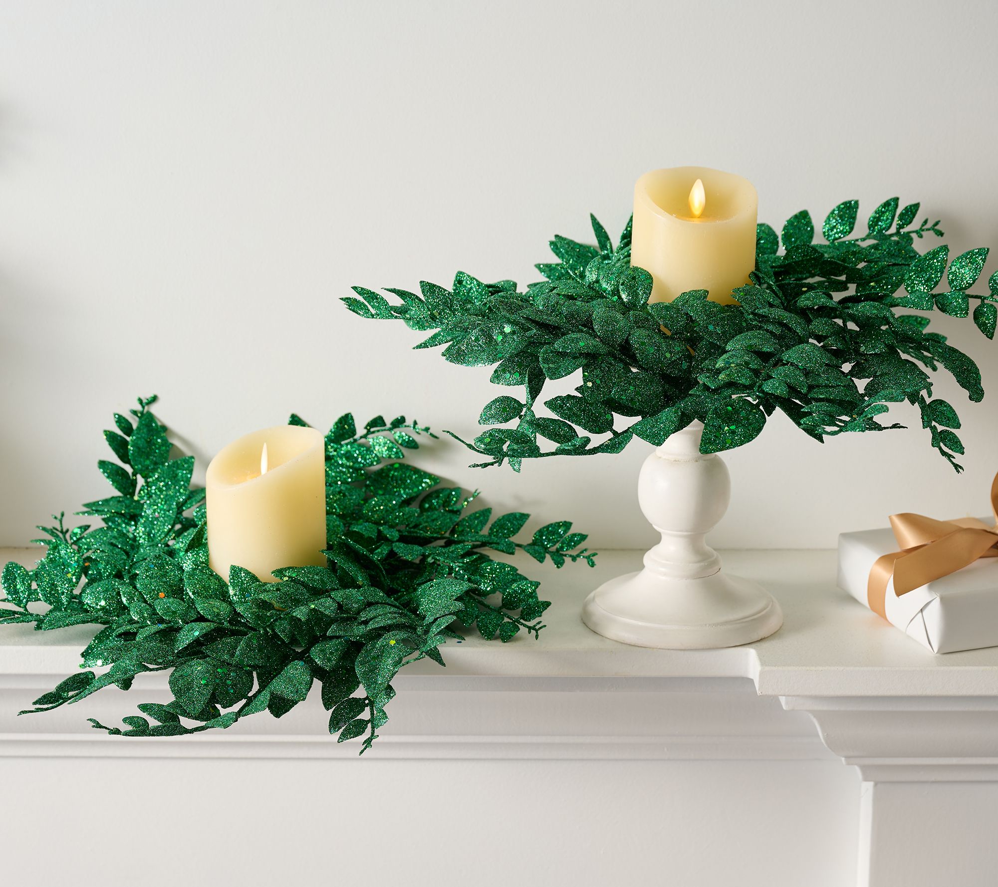 "As Is" Set of 2 Glittered Leaf Candle Rings