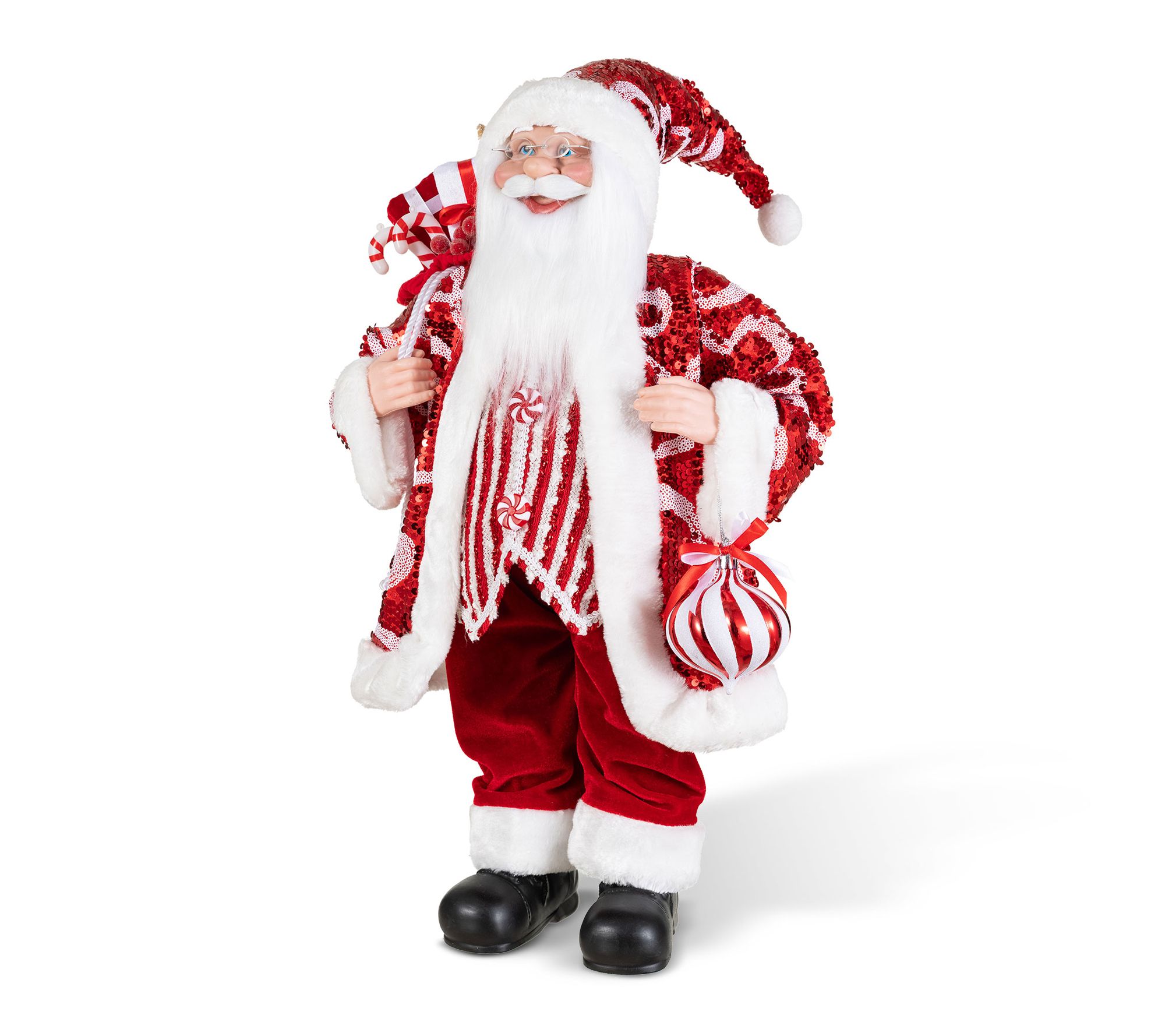Glitzhome 24"H Faux Fur Christmas Peppermint Santa Figurine