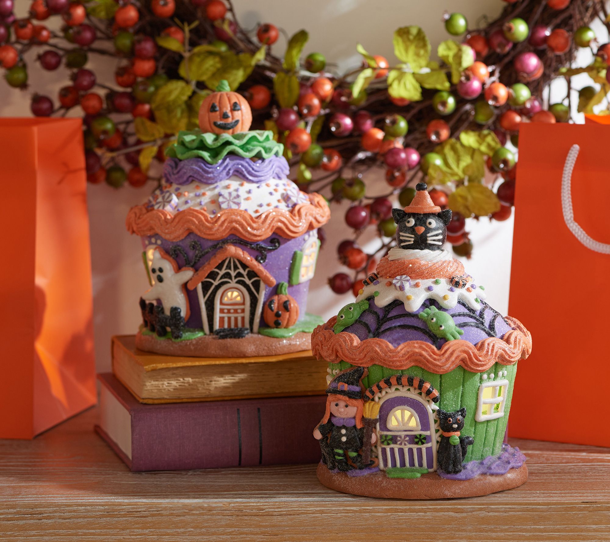 S/2 Illuminated Halloween Cupcake Houses with Gift Bags by Valerie