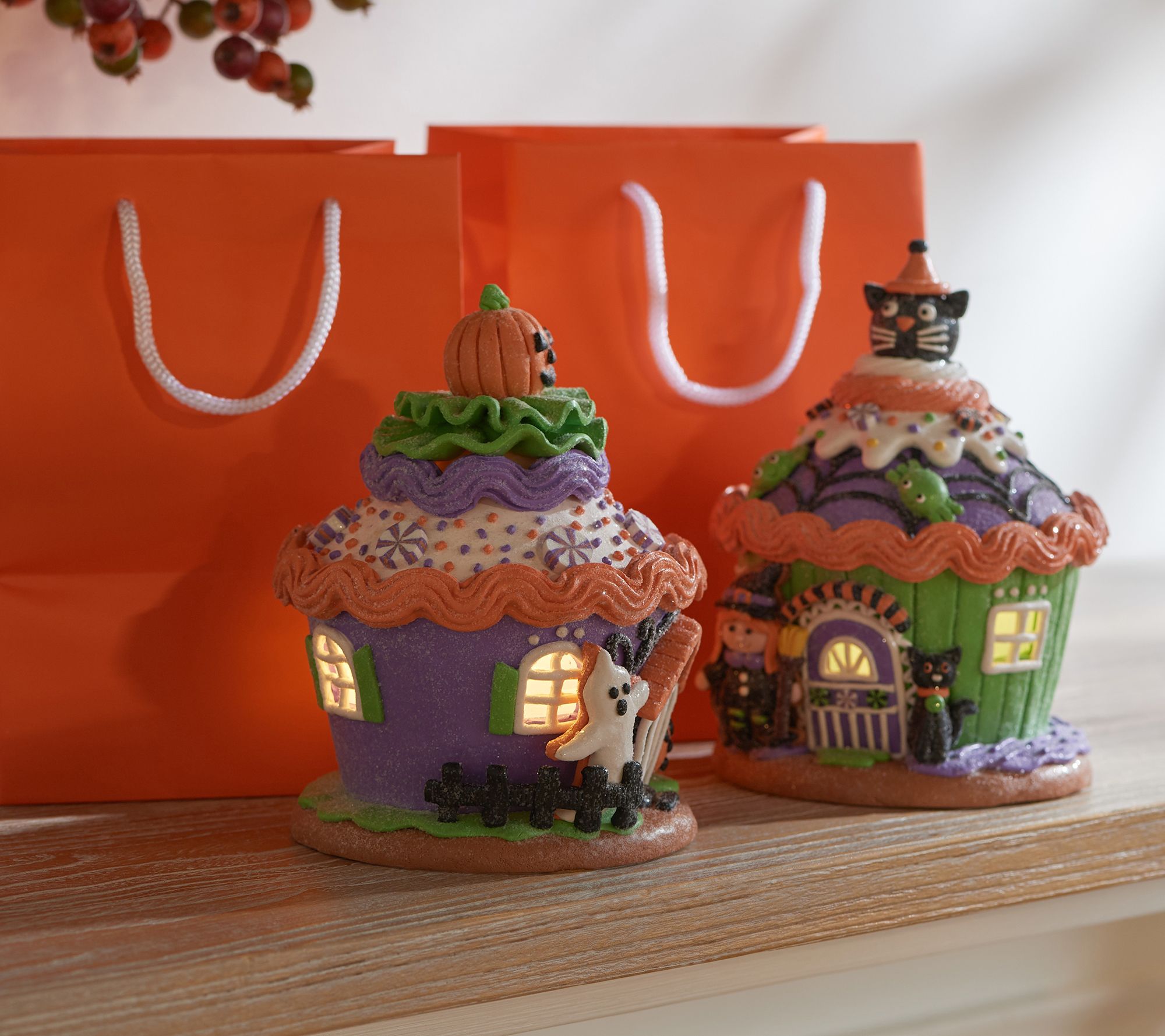 S/2 Illuminated Halloween Cupcake Houses with Gift Bags by Valerie ...