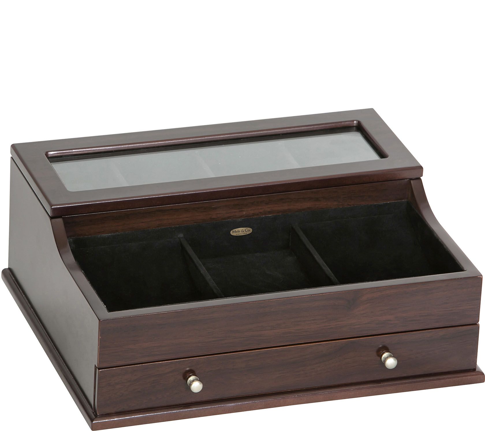 Mele & Co. Hampden Men's Glass Top Valet in Mahogany Finish