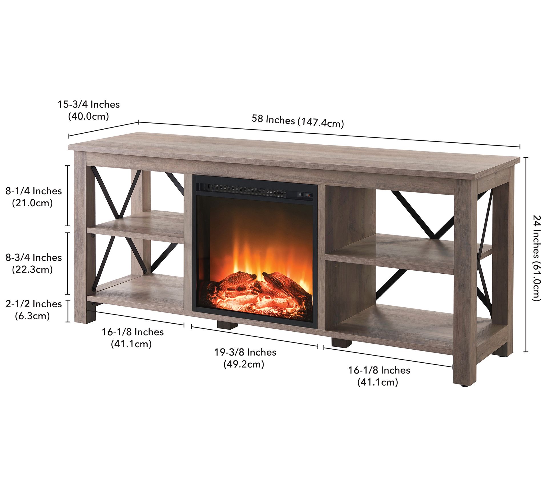 Hudson & Canal Sawyer 65" TV Stand with Log Fireplace