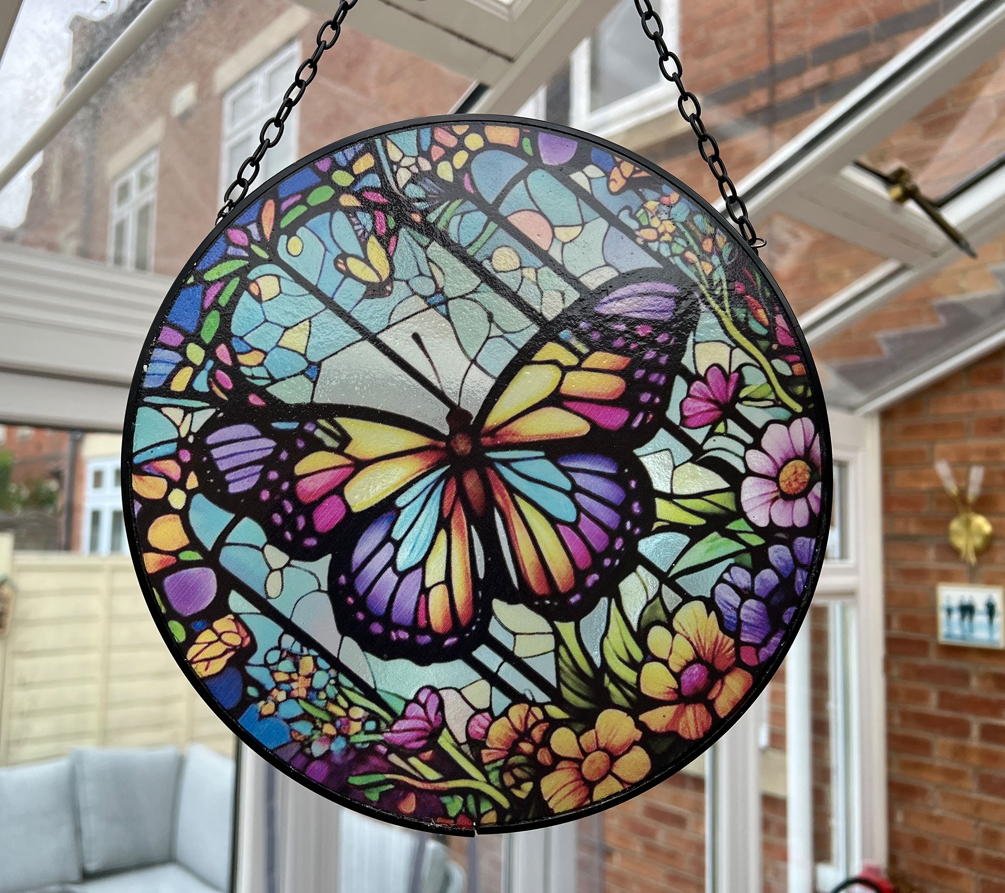 Handcrafted Stained Glass Suncatcher, Window Art, outlet Colorful Umbrella on Clear Glass Circle, Raindrops, hang in window at home office garden