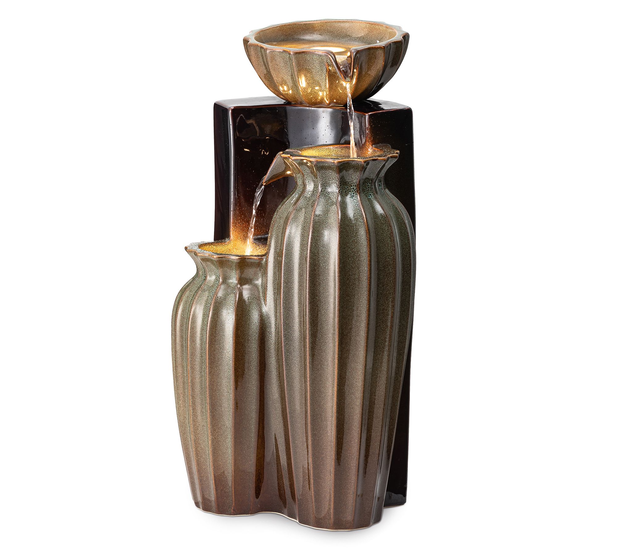Glitzhome 3-Tiered Fluted LED Lighted Ceramic Outdoor Fountain