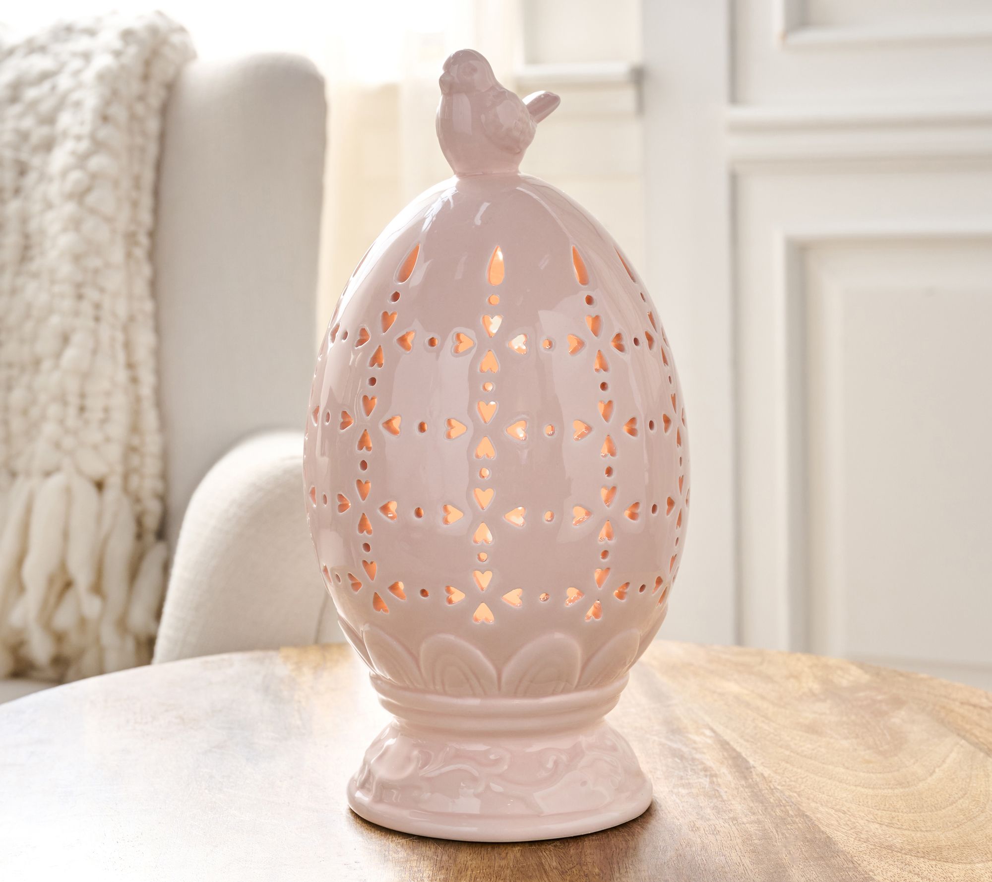 "As Is" 10" Illuminated Ceramic Footed Egg with Bird by Valerie