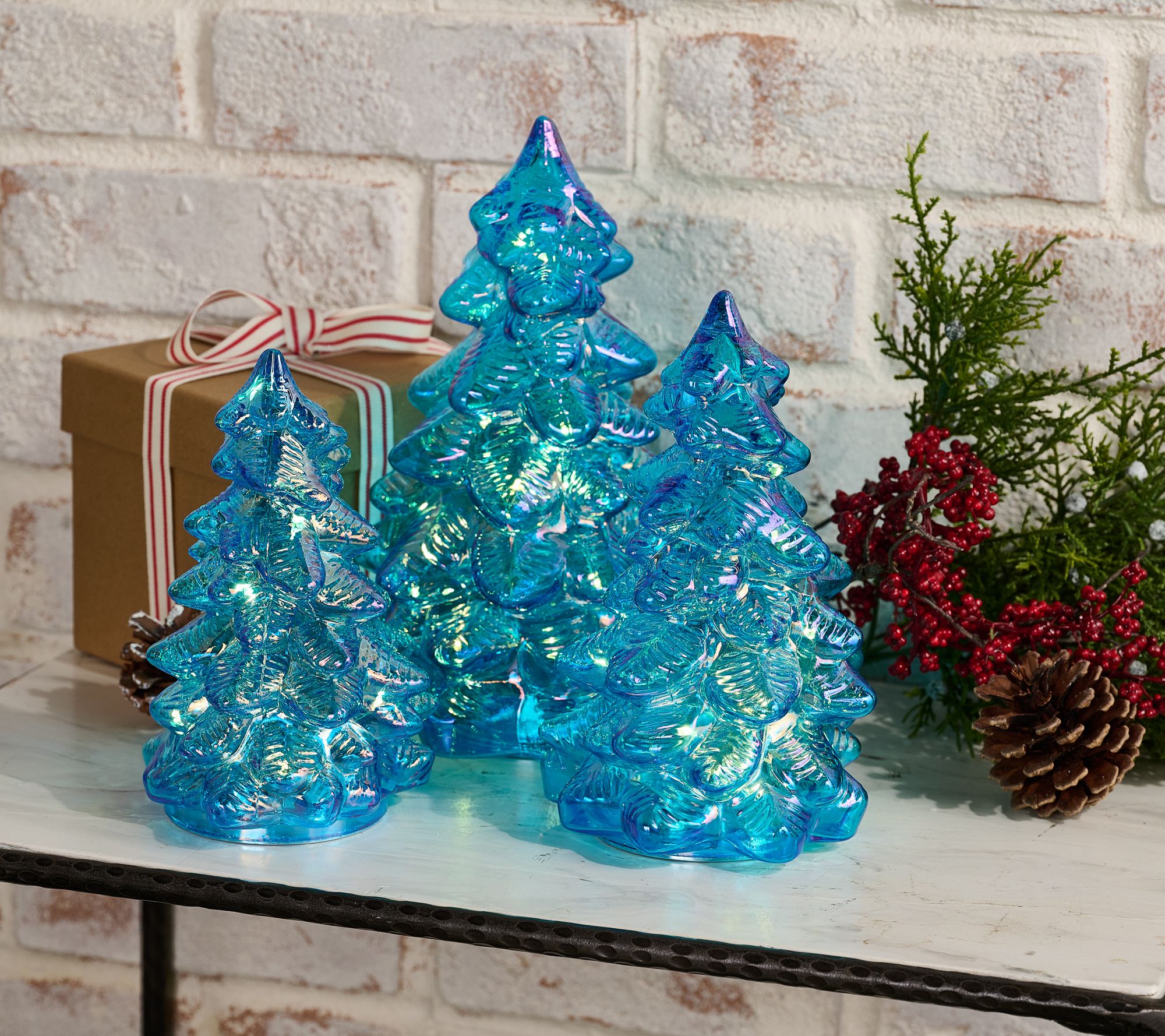 Set of 3 Illuminated Iridescent Glass Trees by Valerie