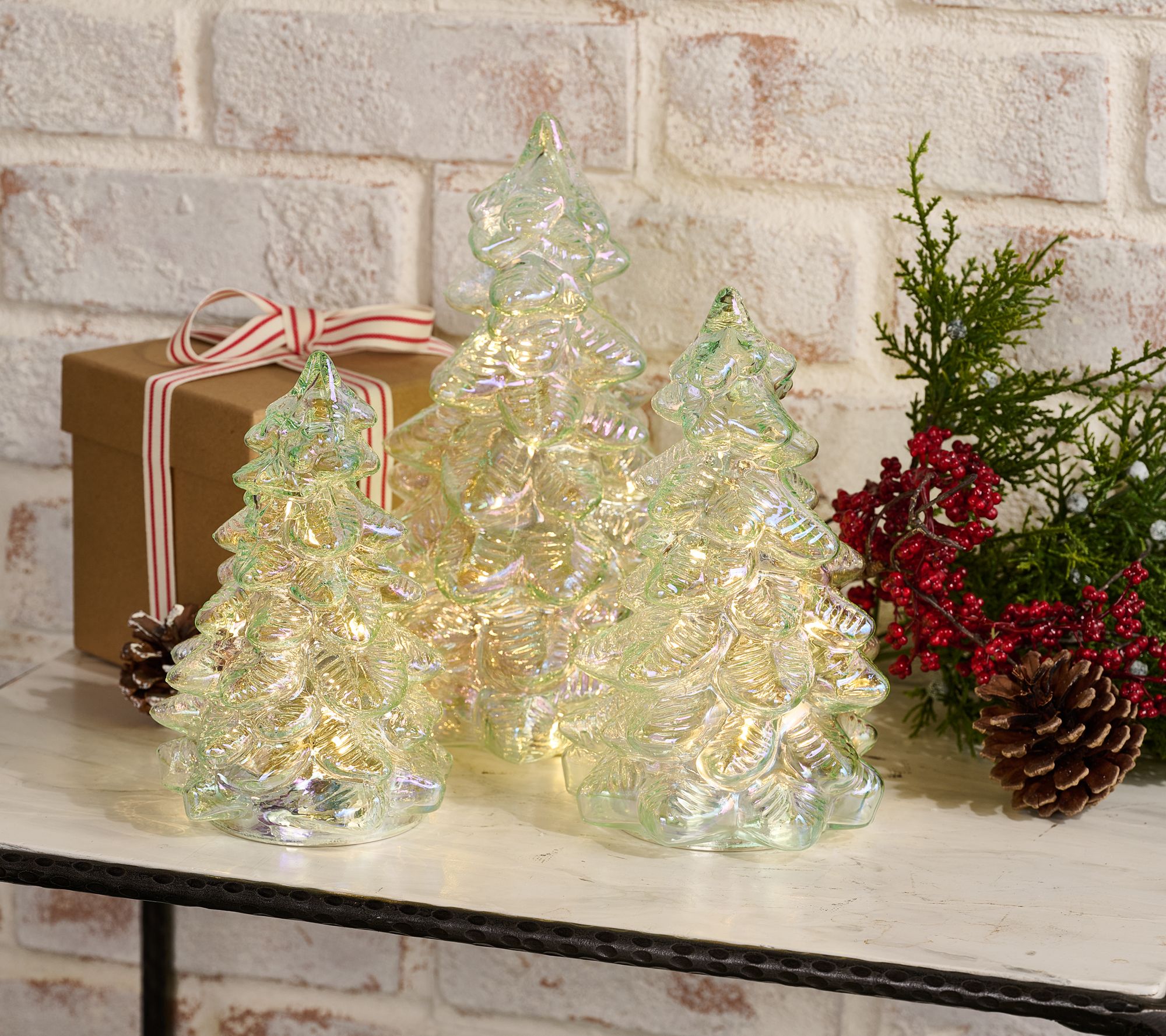 Set of 3 Illuminated Iridescent Glass Trees by Valerie
