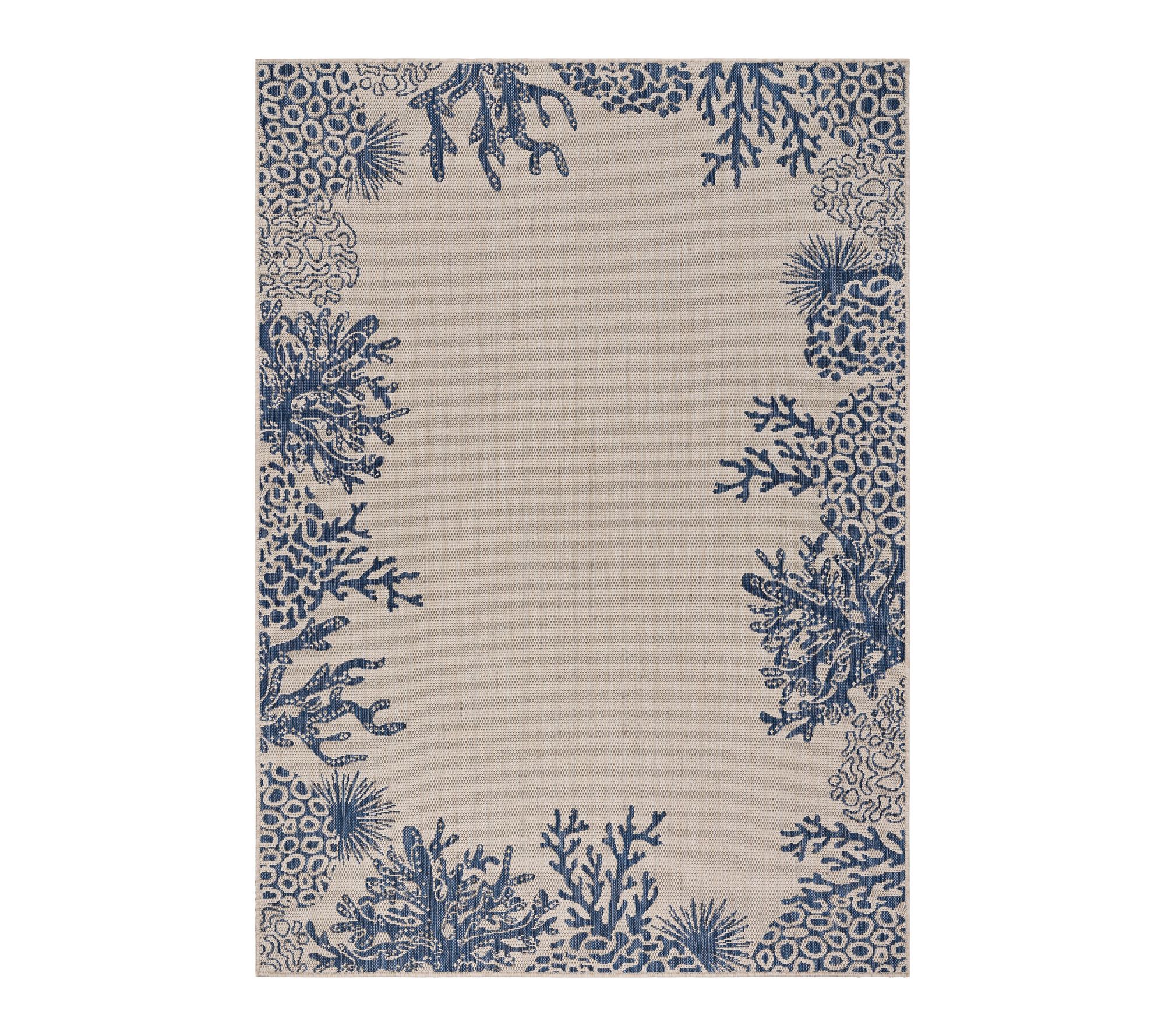 Ox Bay White/Navy Bordered Nautical Outdoor Area Rug, 5' x 7'