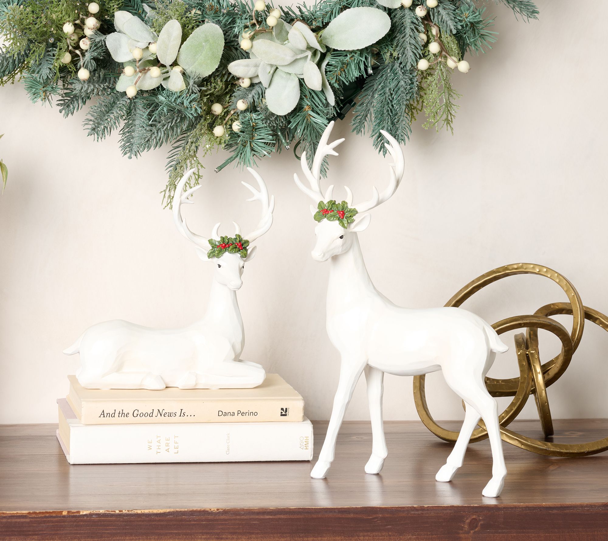 Set of 2 Deer Figures with Holly by Valerie