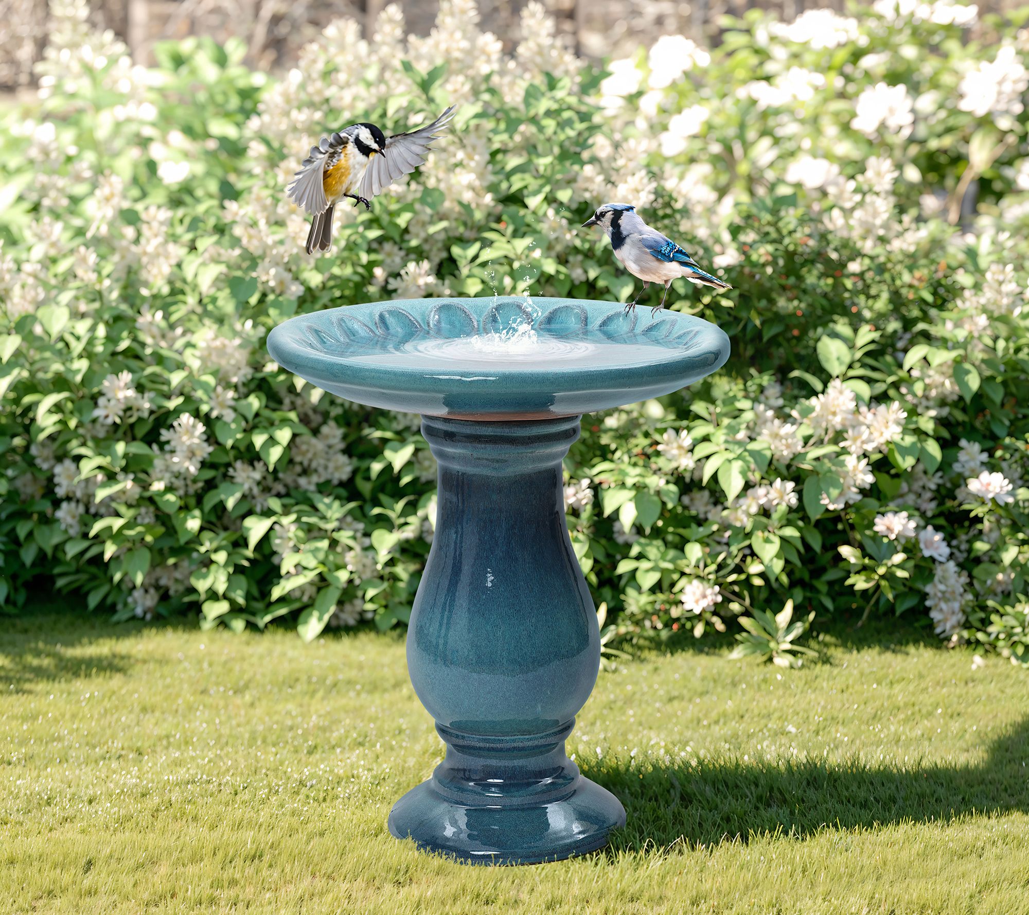 LuxenHome Blue-Green Glazed Ceramic Pedestal Birdbath, 21.5" H