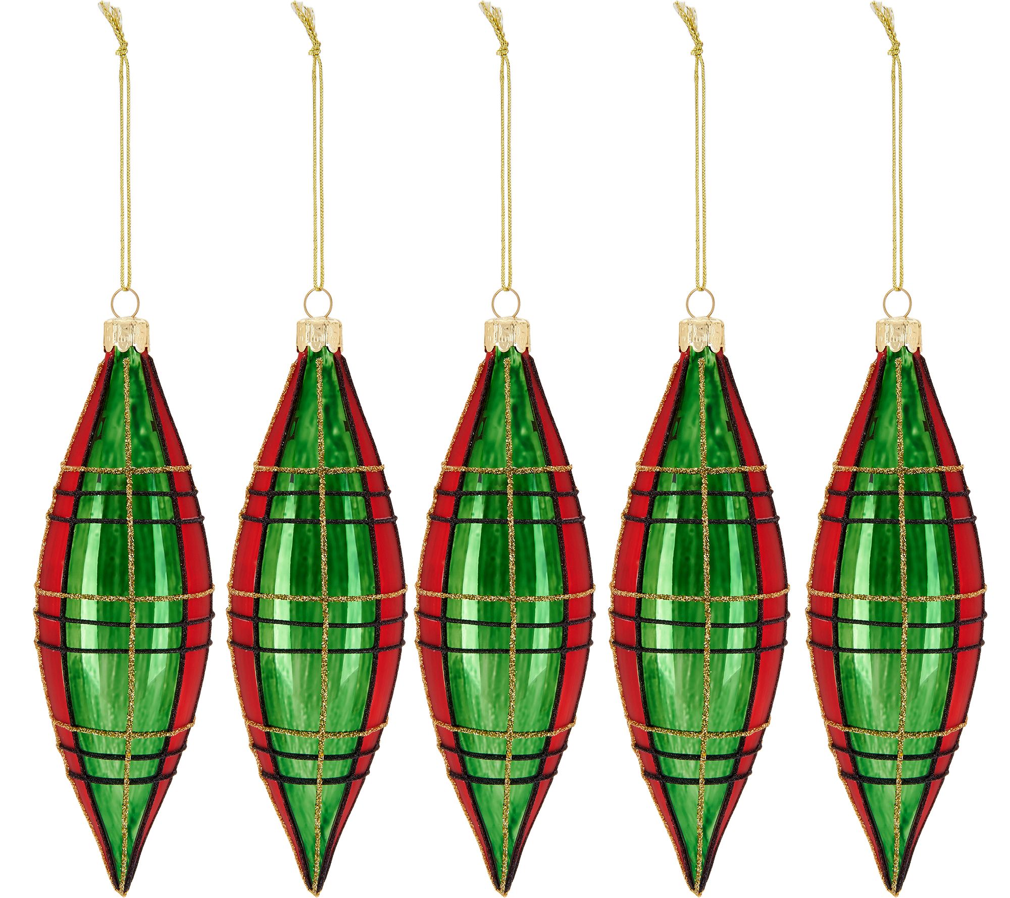 Set of 5 Glittered Plaid Drop Ornaments by Valerie - QVC.com