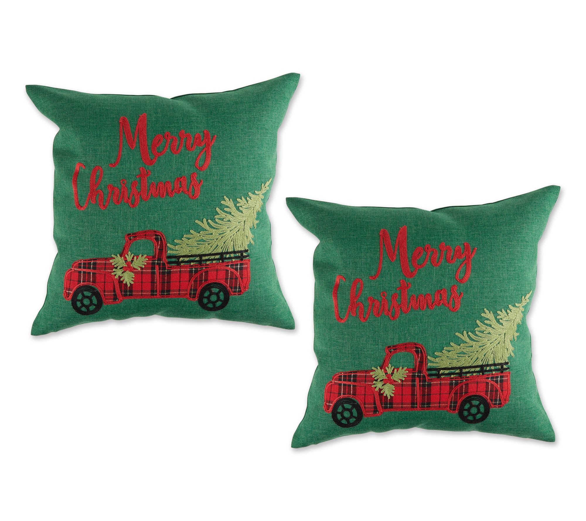 Holiday Truck Plaid Embroidery Script Decorative Pillow Cover