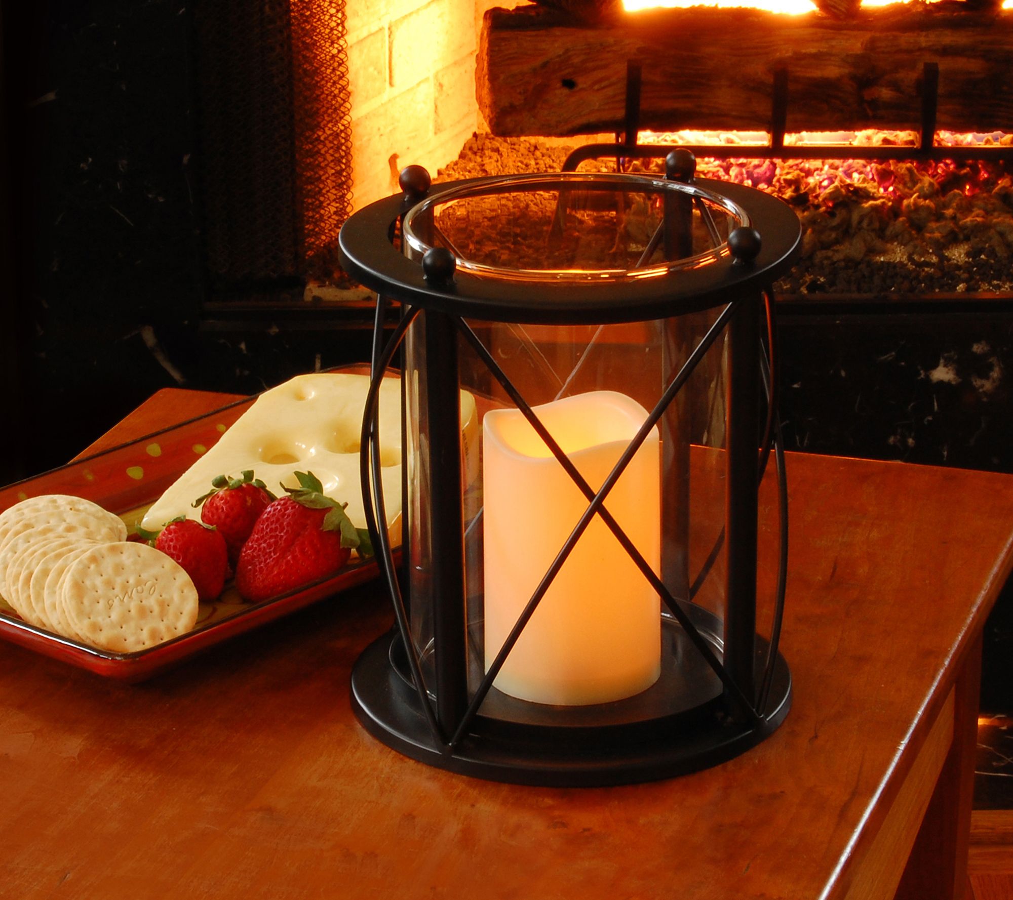 LUMABASE Metal Lantern with Moving Flame LED Candle - Black with